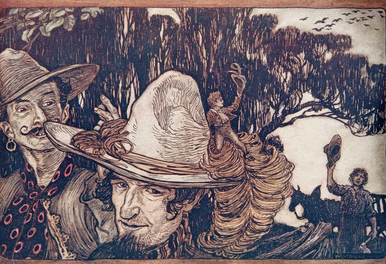 Quando Tom se despediu de seu pai, eles foram embora com ele, de The Fairy Tales dos Irmãos Grimm, pub. 1909 de Arthur Rackham