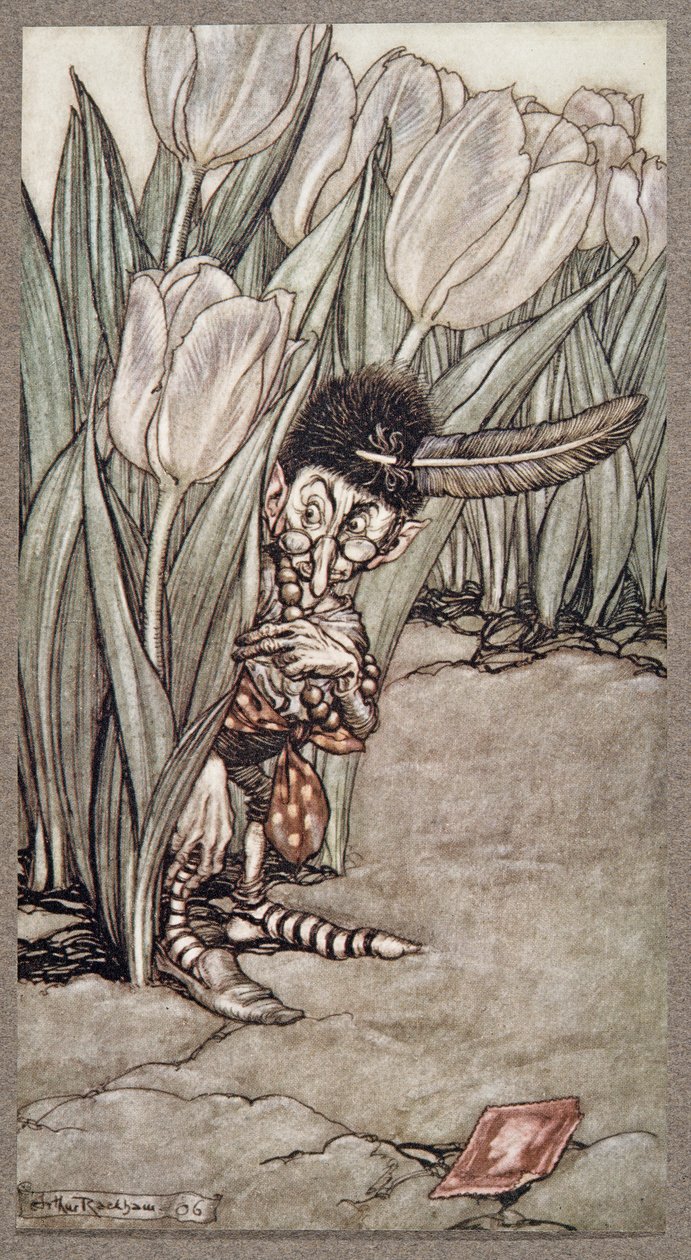 Quando ouviu a voz de Peters, ele ficou alarmado atrás de uma tulipa, de Peter Pan em Kensington Gardens, de JM Barrie (1860 - 1937), pub. 1906 de Arthur Rackham