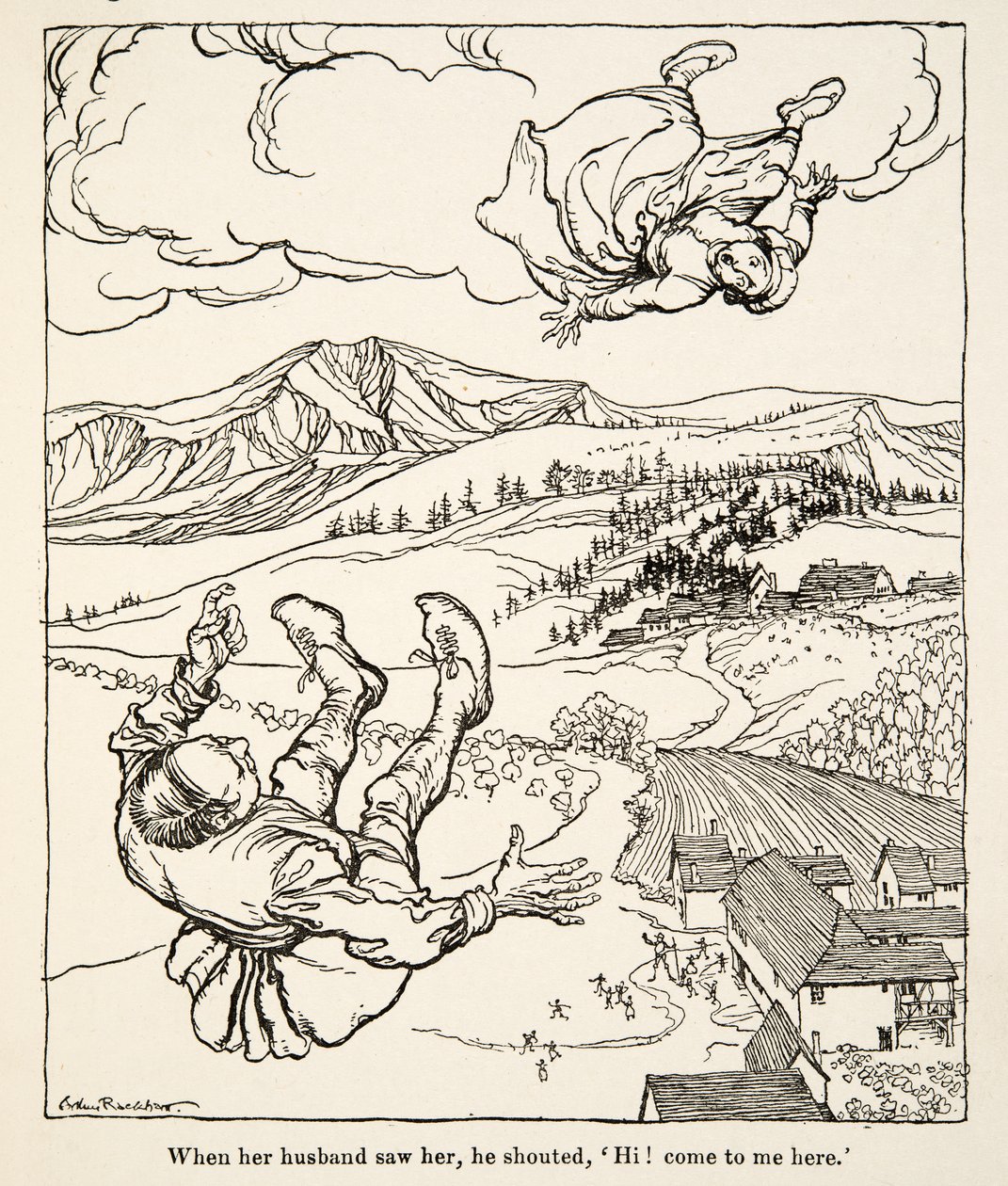 Quando o marido dela a viu, gritou: "Olá! Vem ter comigo aqui", de Little Brother & Little Sister and Other Tales by the Brothers Grimm, pub.1917 (litho) de Arthur Rackham