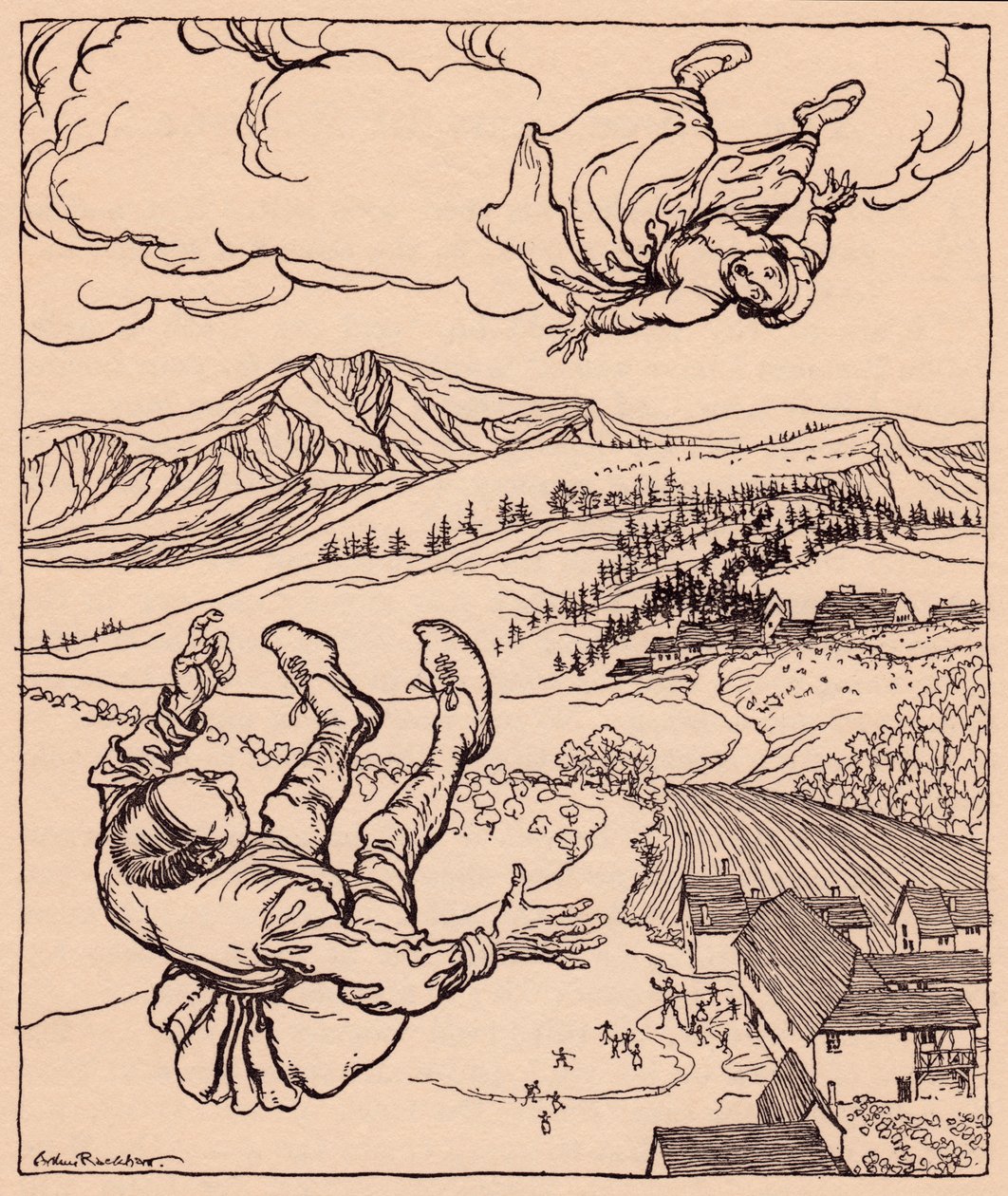 Quando o marido a viu, ele gritou: "Olá! vem ter comigo aqui". Ilustração de Arthur Rackham de Grimm