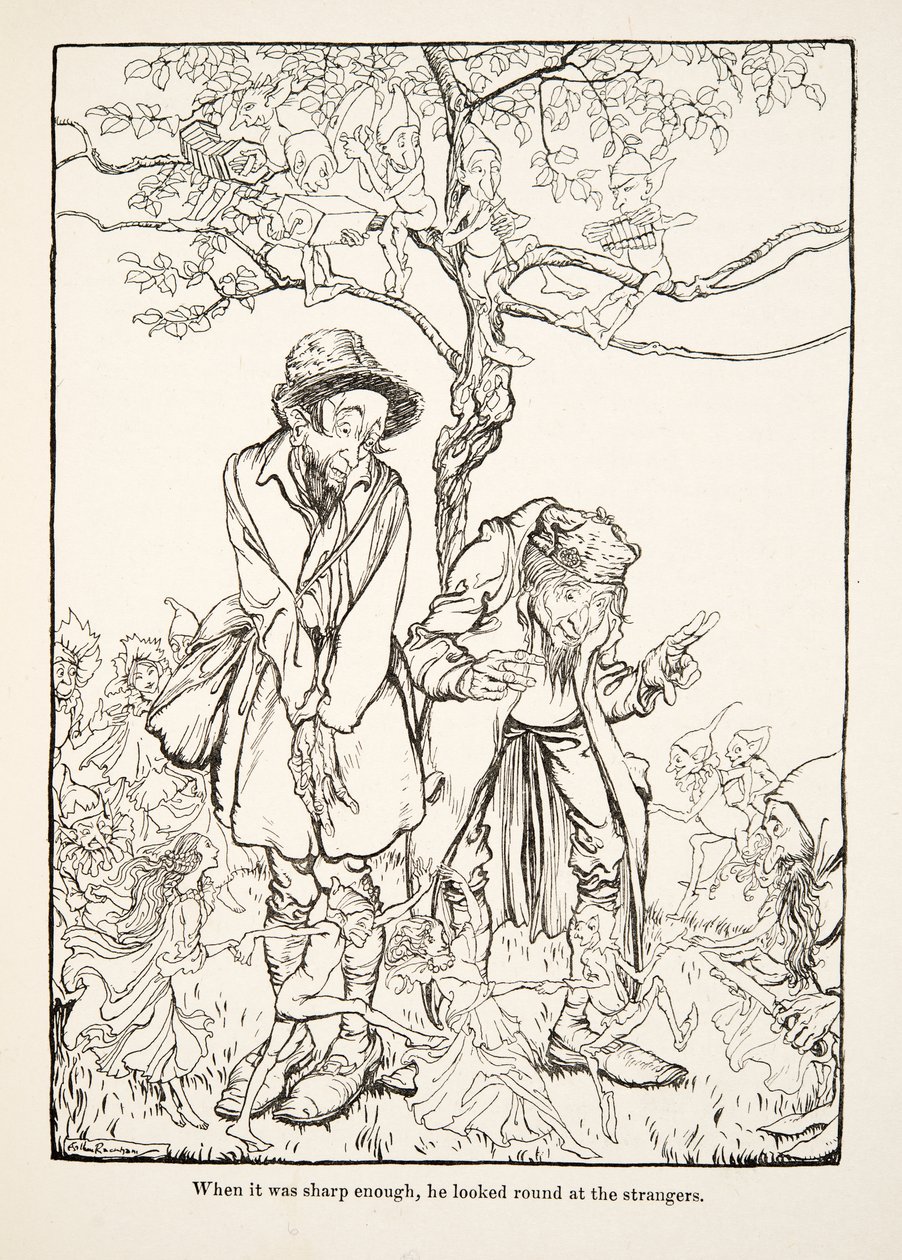 Quando estava afiado o suficiente, ele olhou em volta para estranhos, de Little Brother & Little Sister e Outros Contos dos Irmãos Grimm, pub.1917 (litho) de Arthur Rackham