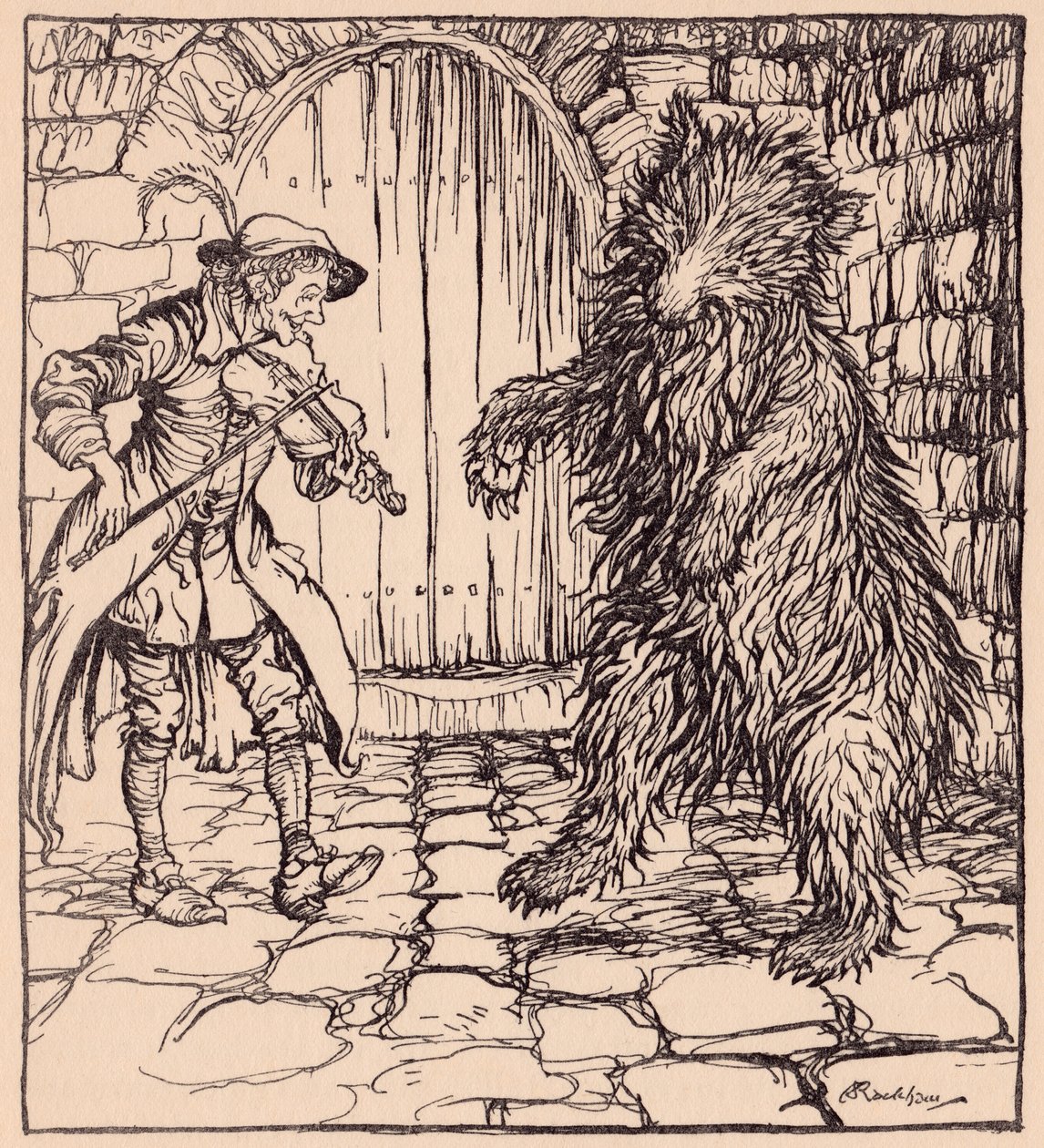 Quando o urso ouviu a música, não pôde deixar de começar a dançar. Ilustração de Arthur Rackham de Grimm