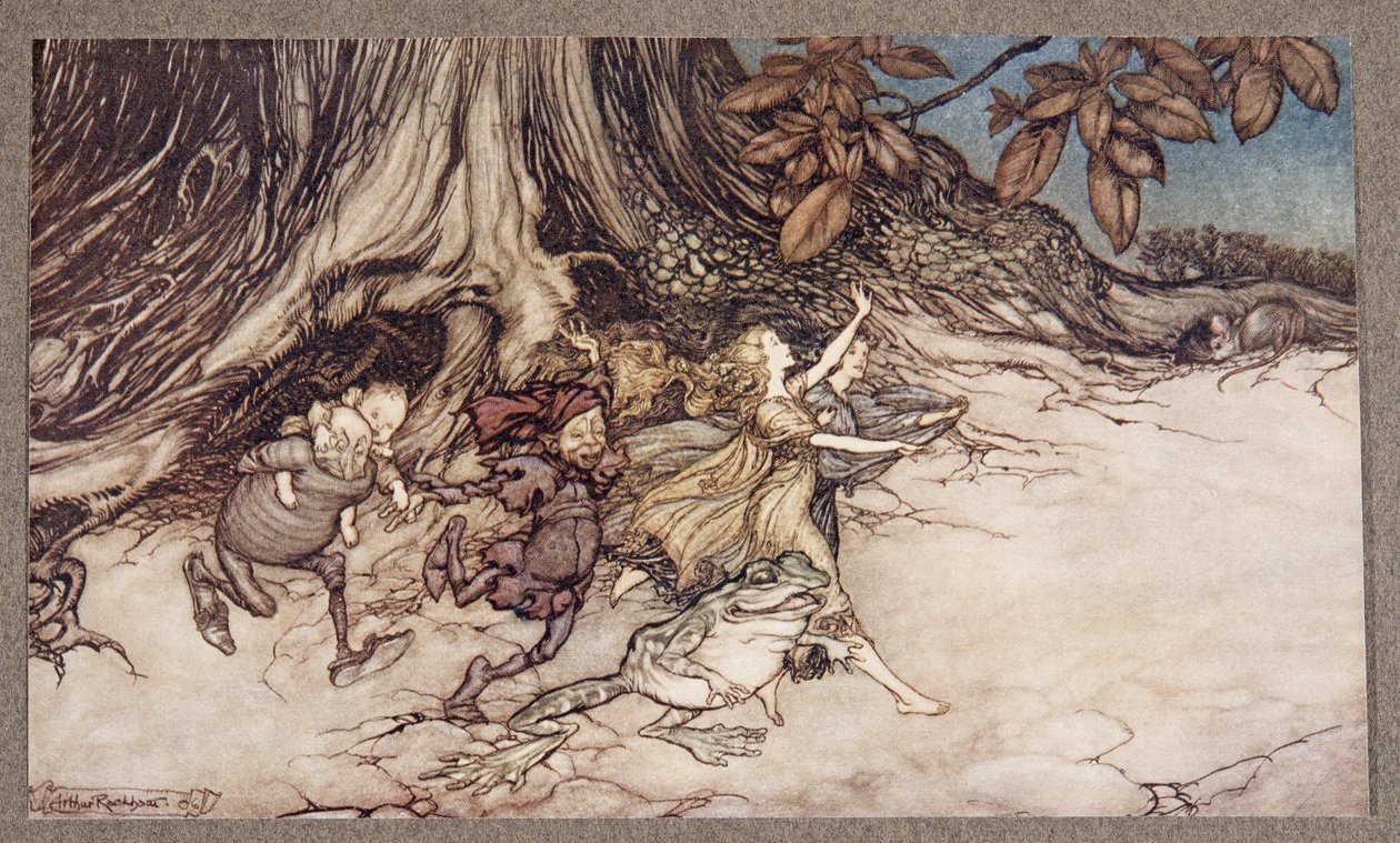 Quando eles acham que você não está olhando, eles pulam muito animados, de Peter Pan em Kensington Gardens, de JM Barrie (1860 - 1937), pub. 1906 de Arthur Rackham