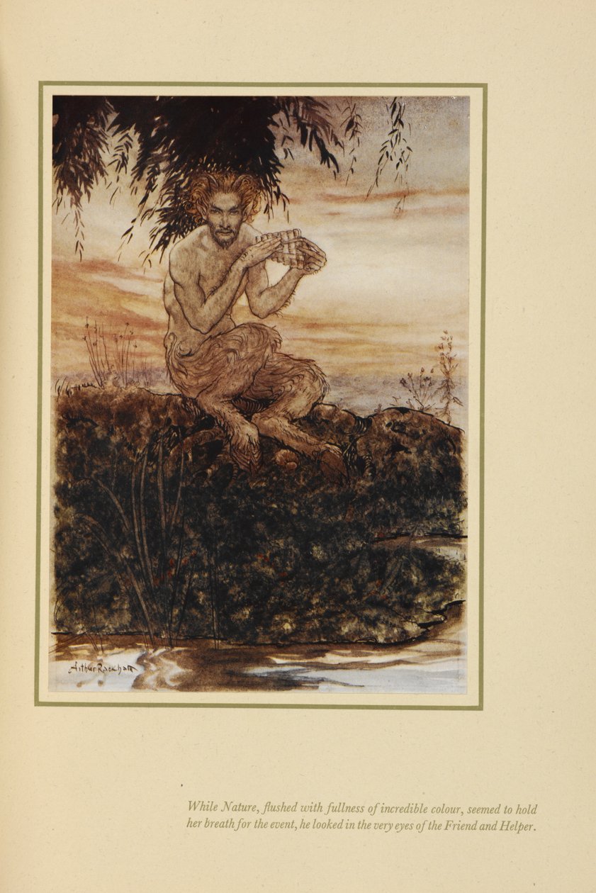 "Enquanto a natureza, corada de uma cor incrível, parecia suster a respiração para o evento, olhou nos próprios olhos do amigo e do ajudante". Pan, sentado na margem de um rio. de Arthur Rackham