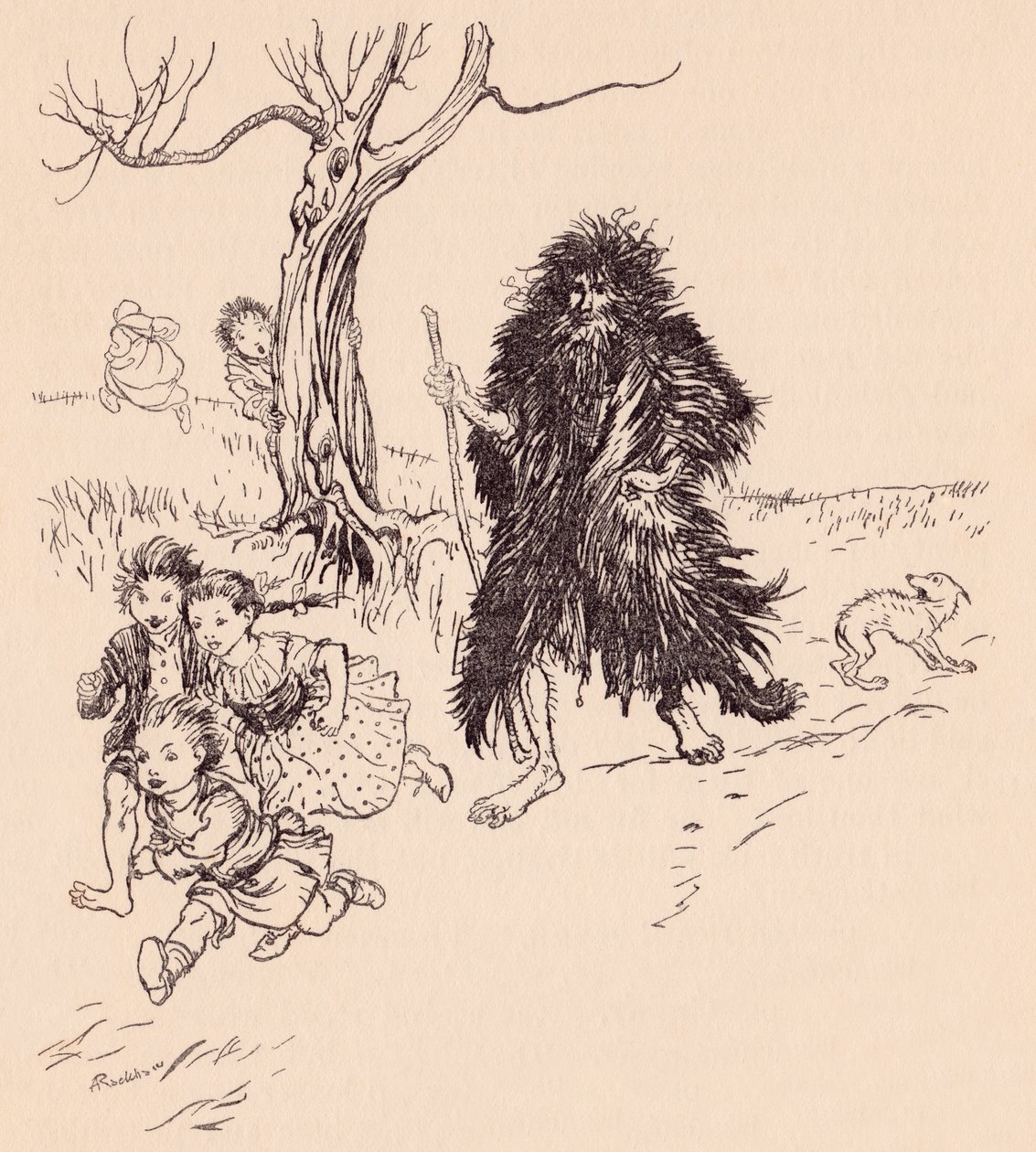 Quem quer que o tenha visto, fugiu. Ilustração de Arthur Rackham do Grimm