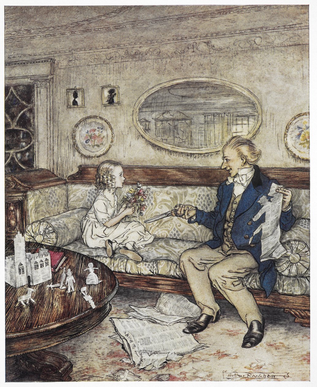 "Porque é que as minhas flores parecem tão desbotadas hoje"? Ilustração a cores mostrando uma jovem rapariga, Ida, sentada num sofá com um jovem, um estudante, que segura um par de tesouras. de Arthur Rackham