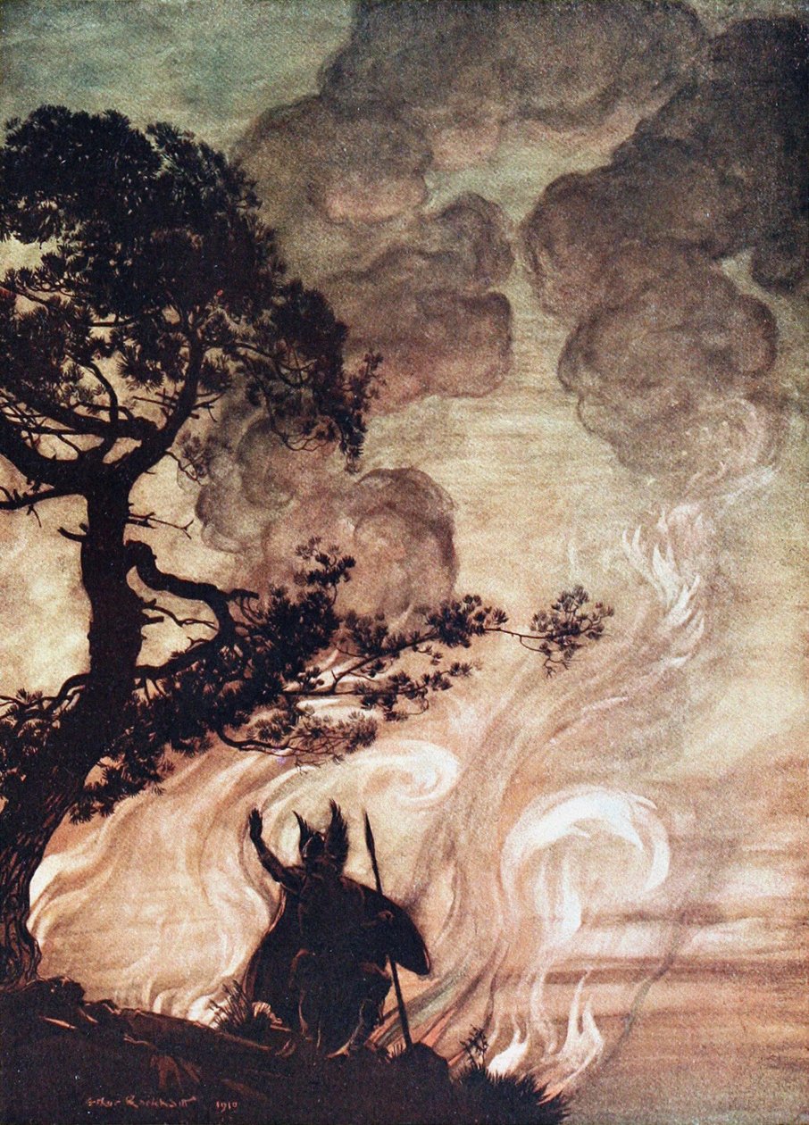 Wotan se vira e olha tristemente para Brünnhilde. Ilustração para Rhinegold e Valkyr de Arthur Rackham