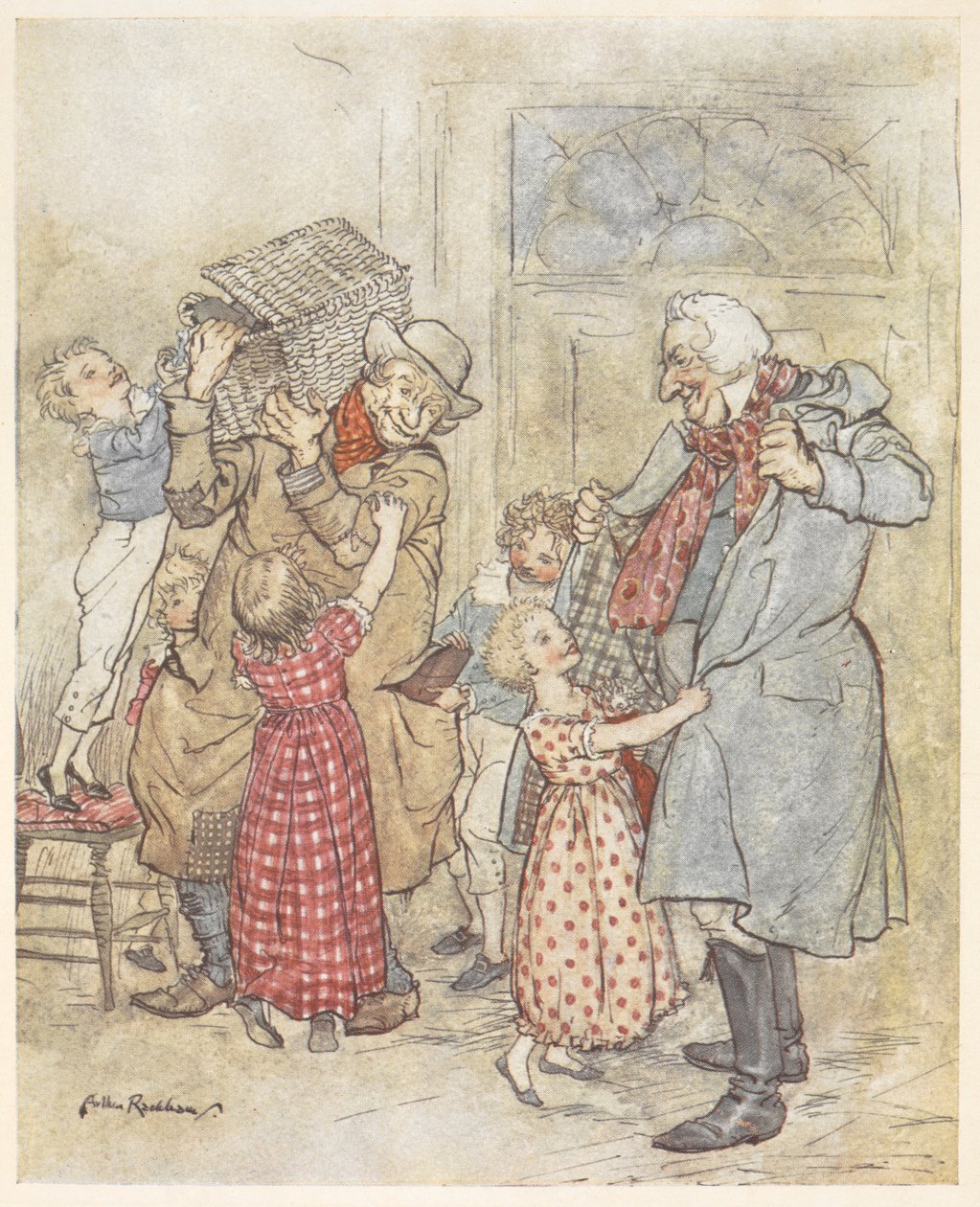 Crianças pequenas que ajudam dois homens mais velhos com os seus casacos quando entram numa casa carregando presentes de Natal de Arthur Rackham