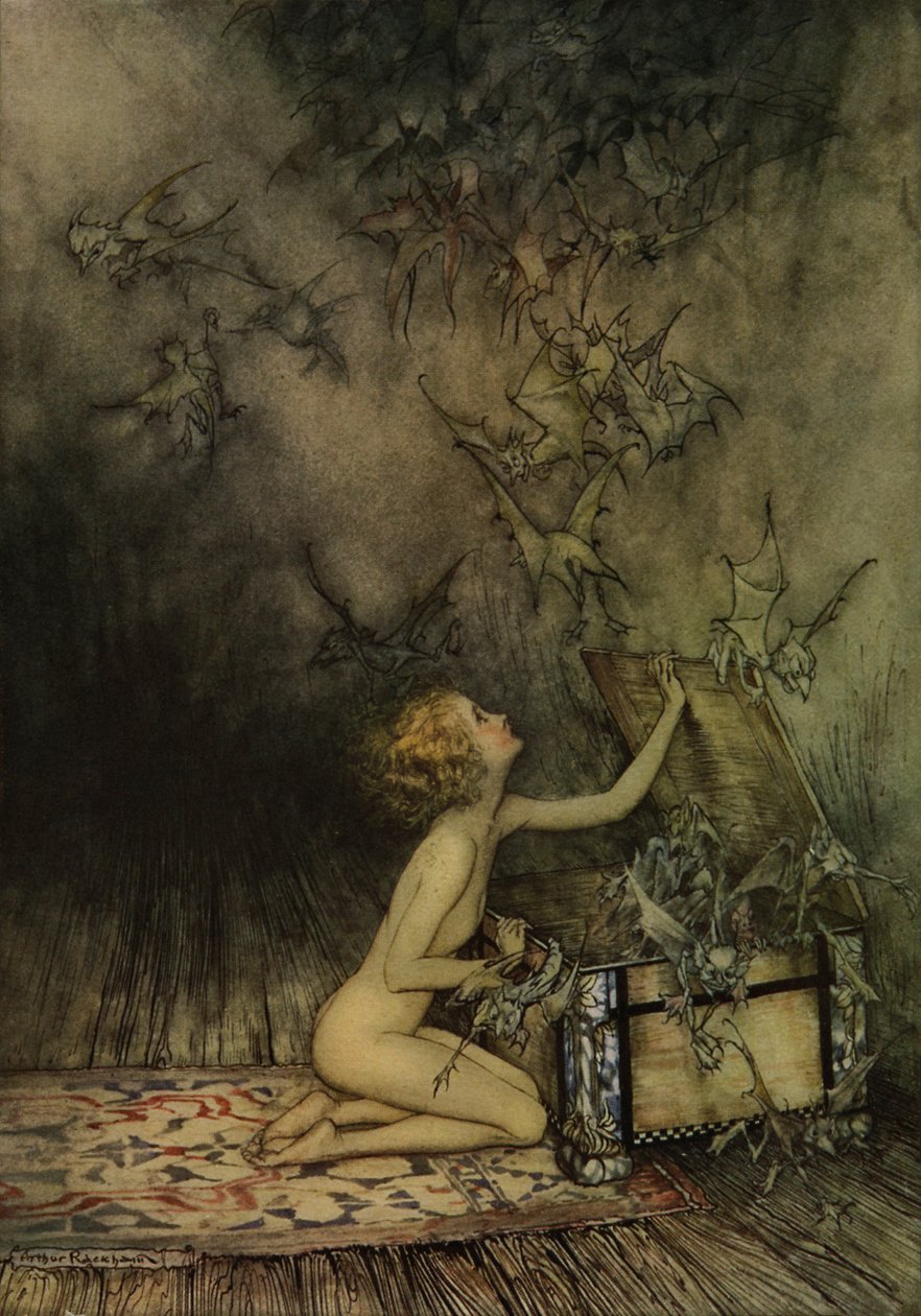 Menina jovem, e, morcego-like de Arthur Rackham