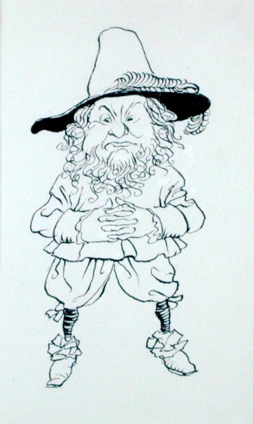 ...vestidos de uma forma estranha e estranha; ...também os seus olhares eram peculiares; um tinha barba grande, rosto largo e olhos pequenos de porco", ilustração de "The Story of Rip van Winkle", de Washington Irving de Arthur Rackham