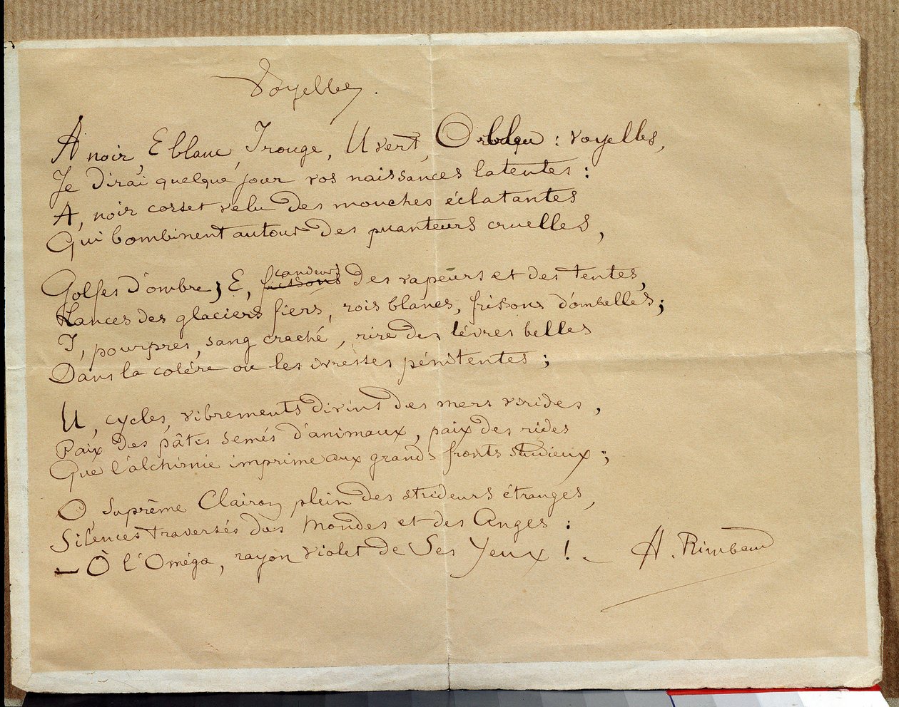 Manuscrito do poema de Arthur Rimbaud: "As Vogais". de Arthur Rimbaud