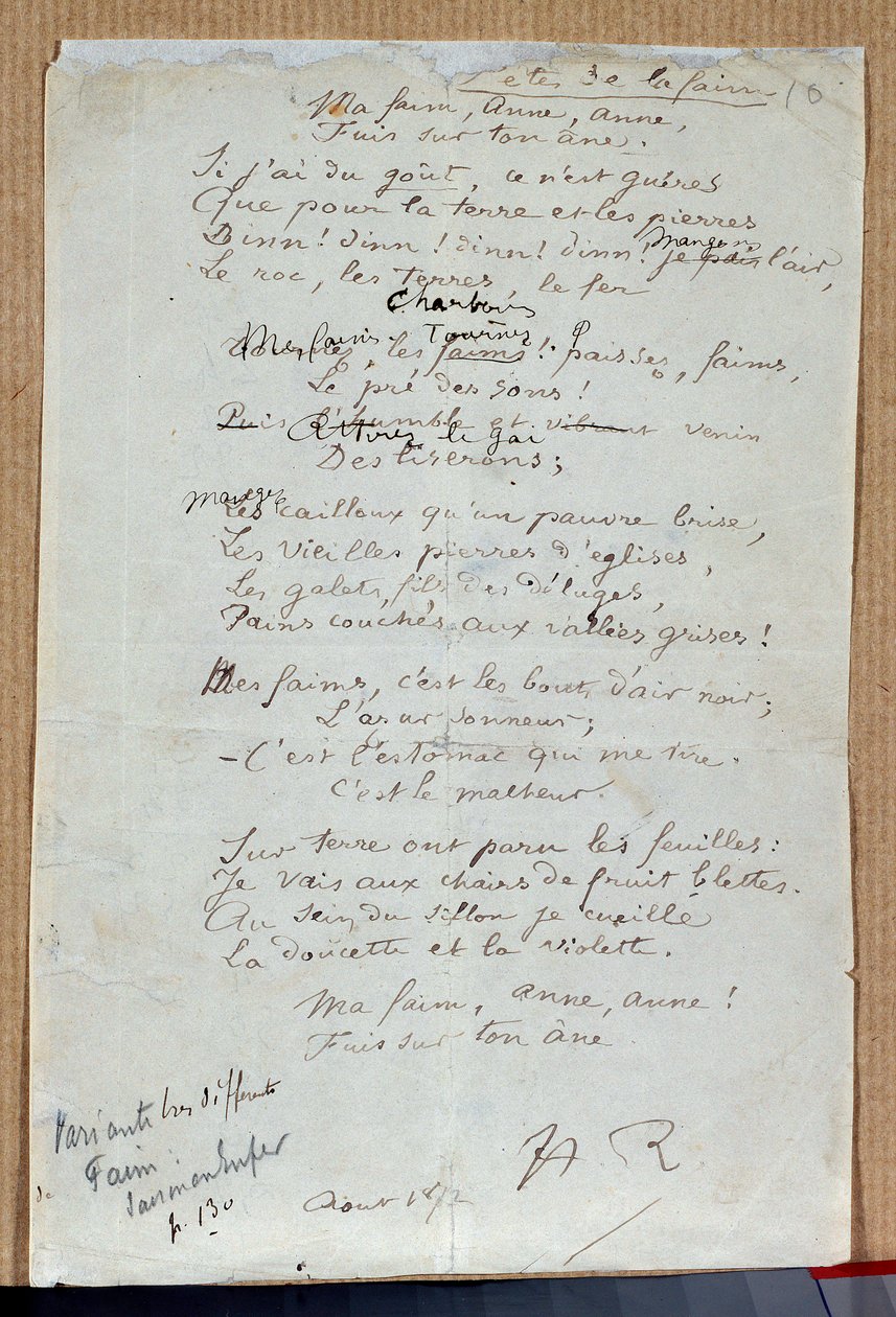 Manuscrito do poema "Les fetes de la faim", de Arthur Rimbaud, agosto de 1872. Charleville, Musee Rimbaud de Arthur Rimbaud