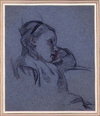 Retrato de uma menina sentada, c.1870 (giz vermelho e preto sobre papel azul) de Arthur Stocks