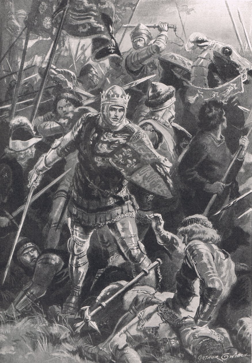 Henry V e o Duc D&39;Alencon na Batalha de Agincourt, 25 de outubro de 1415, ilustração de "Batalhas Britânicas na Terra e no Mar", publicada por Cassell, Londres, c.1910 de Arthur Twidle