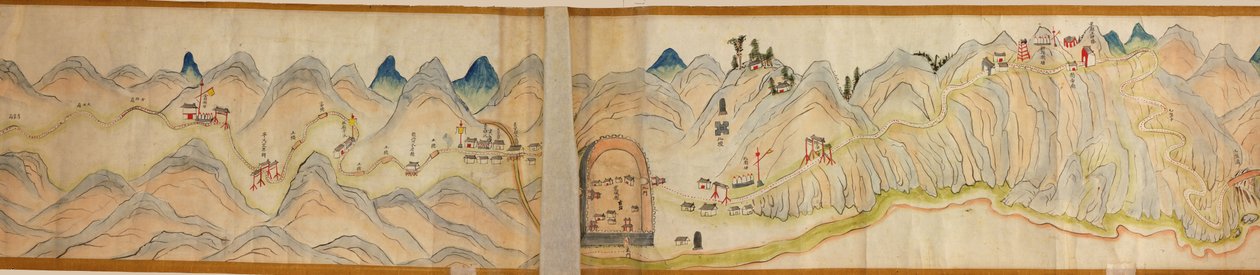 16.000. fornecido. Orientado com norte à direita. Relevo mostrado pictoricamente. Vista aérea. Abrange o rio Wei em Baoji Xian, Shanxi Sheng a Shu Dao na fronteira Shanxi-Sichuan. Mostra assentamentos, paradas para descanso, estações, pousadas, templos, pa de Arthur W. Hummel
