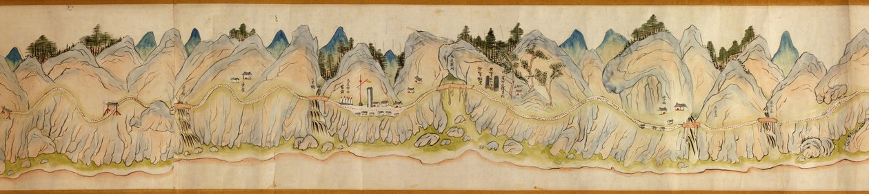 16.000. fornecidos. Orientado com o norte para a direita. Relevo mostrado pictóricamente. Vista de pássaro. Cobre o rio Wei em Baoji Xian, Shanxi Sheng a Shu Dao na fronteira de Shanxi-Sichuan. Mostra povoações, paragens de descanso, estações, pousadas, te de Arthur W. Hummel