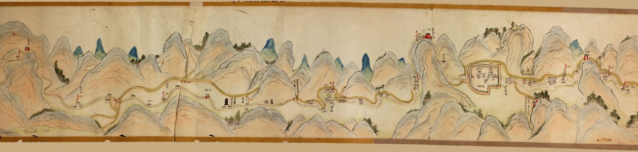 16.000. fornecido. Orientado com norte à direita. Relevo mostrado pictoricamente. Vista aérea. Abrange o rio Wei em Baoji Xian, Shanxi Sheng a Shu Dao na fronteira Shanxi-Sichuan. Mostra assentamentos, paradas para descanso, estações, pousadas, templos, pa de Arthur W. Hummel