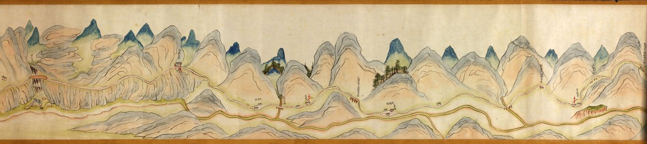 16.000. fornecidos. Orientado com o norte para a direita. Relevo mostrado pictóricamente. Vista de pássaro. Cobre o rio Wei em Baoji Xian, Shanxi Sheng a Shu Dao na fronteira de Shanxi-Sichuan. Mostra povoações, paragens de descanso, estações, pousadas, te de Arthur W. Hummel