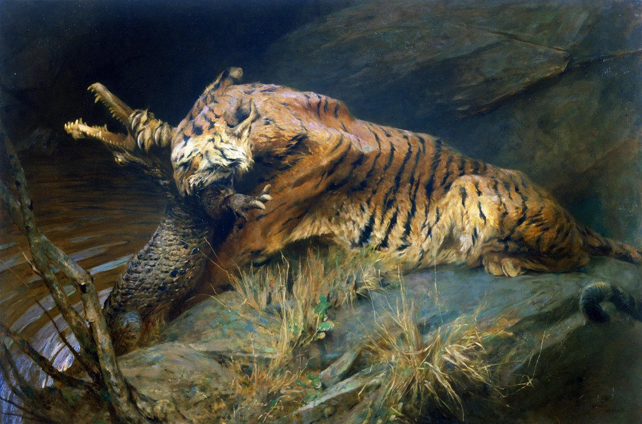 Tigre e Crocodilo (óleo sobre tela) de Arthur Wardle