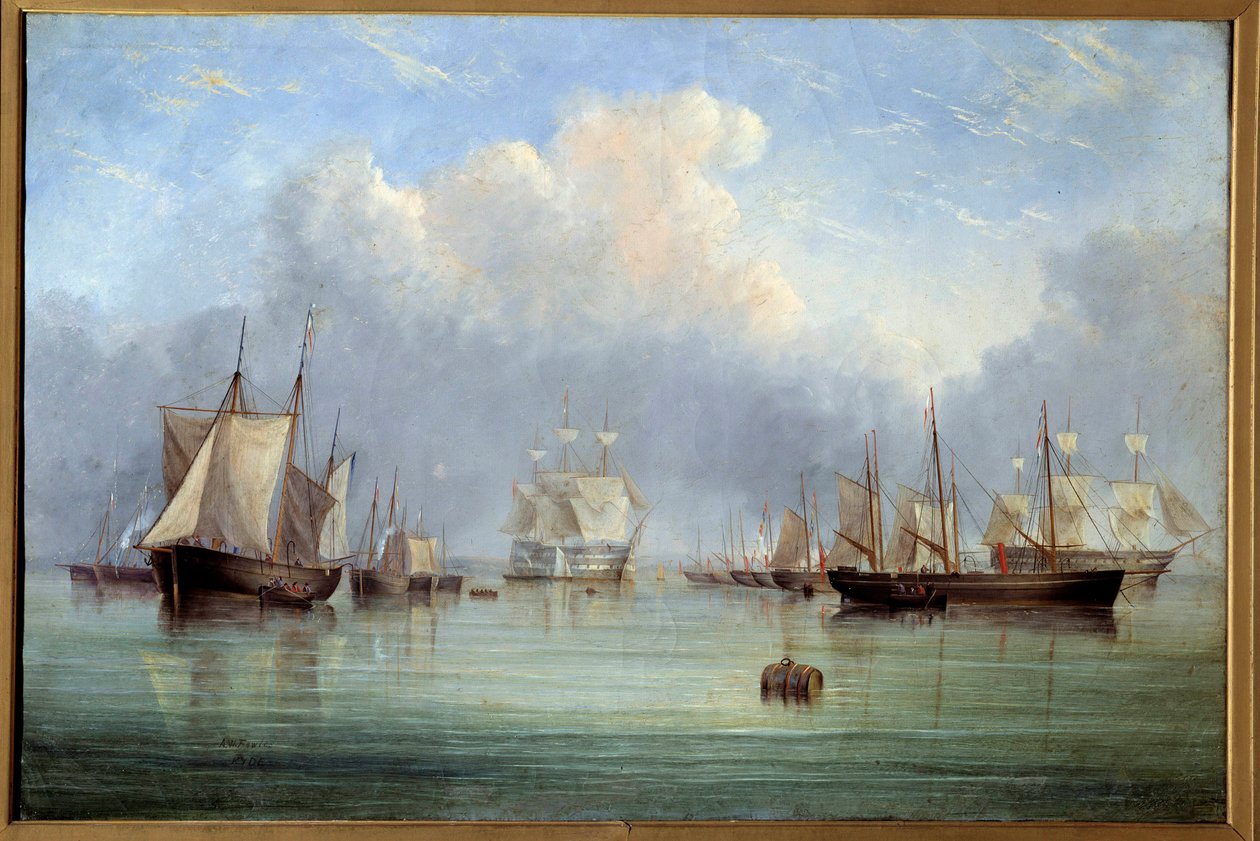 Navios e veleiros atracados. Pintura de Arthur Wellington Fowles (1815-1883) Museu de Belas Artes de Orleans do século XIX de Arthur Wellington Fowles