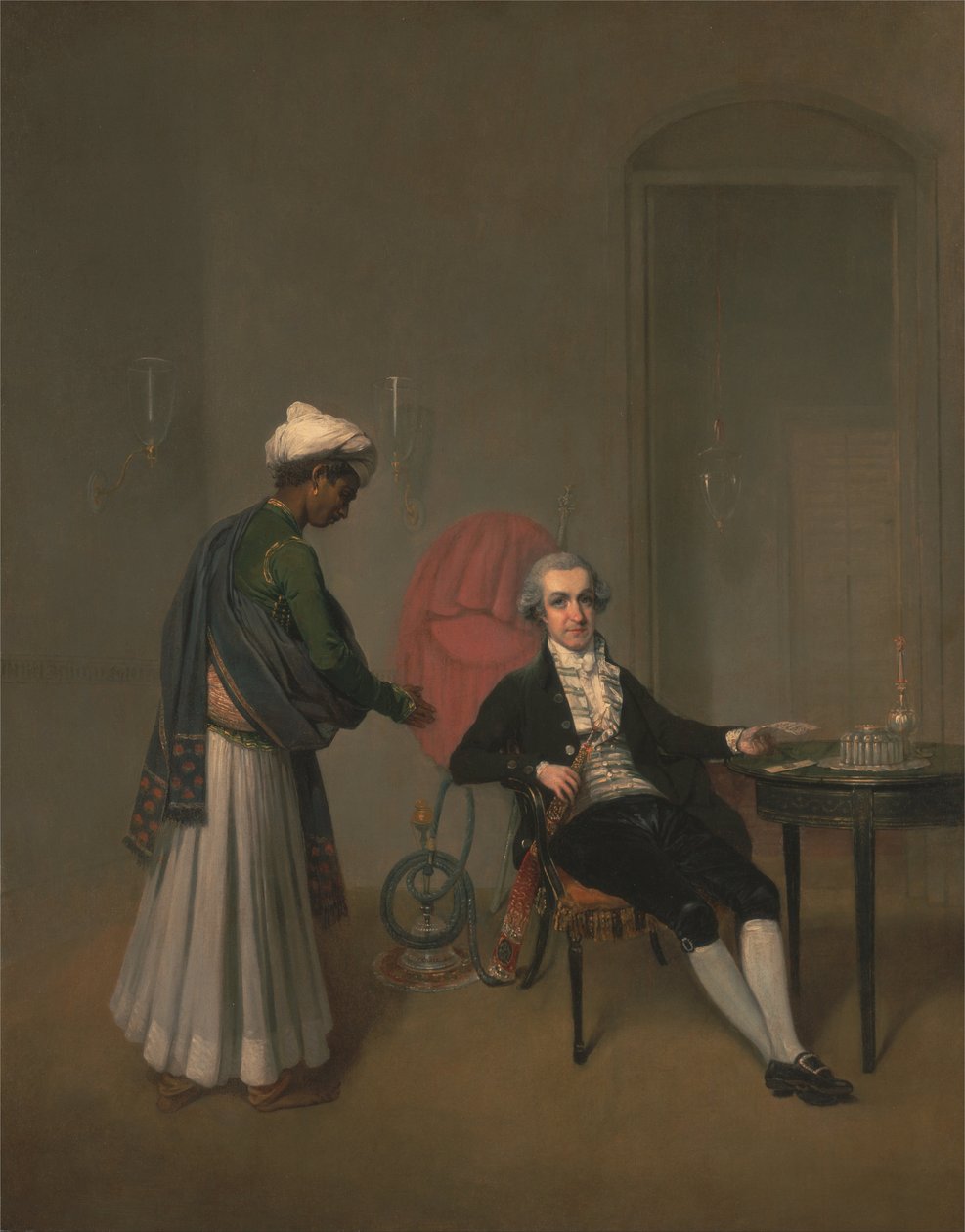 Retrato de um cavalheiro, possivelmente William Hickey, e de um criado índio de Arthur William Devis