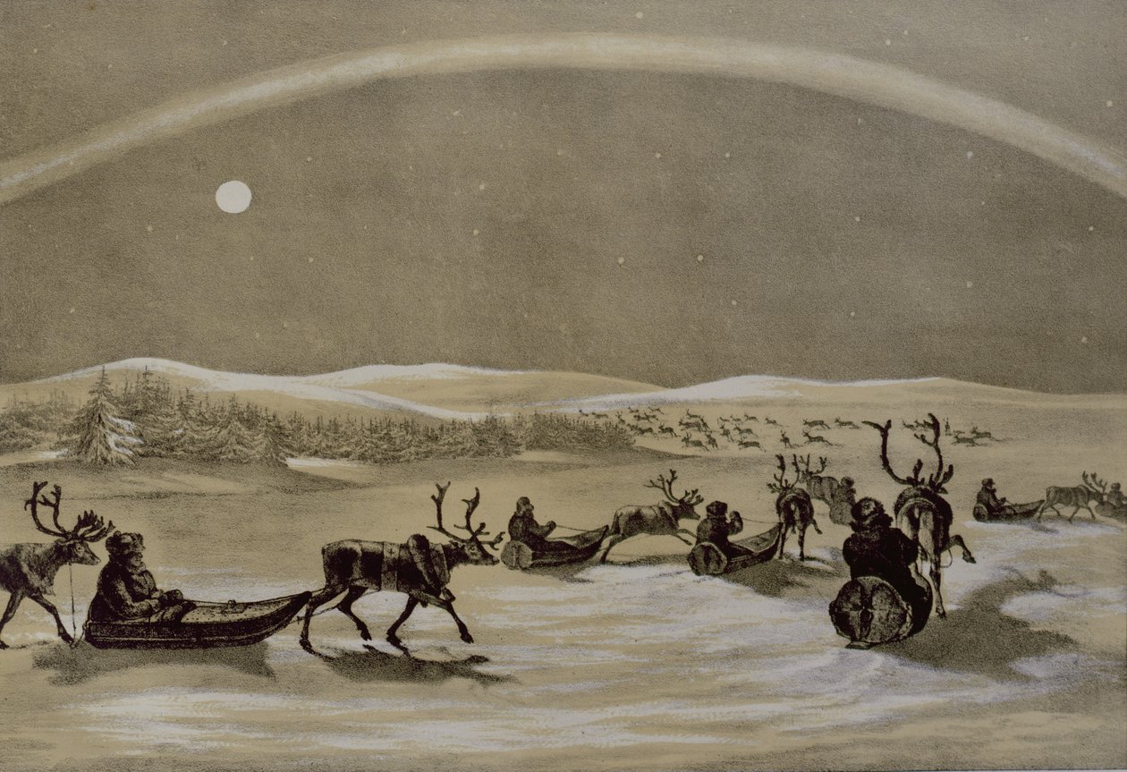 Uma Aparição Singular das Luzes do Norte, sobre um Lapão de Renas, cruzando o Jerdis Javri, de esboços de inverno na Lapônia, gravada por James Duffield Harding (1798-1863) 1825 (gravado de Arthur de Capell Brooke
