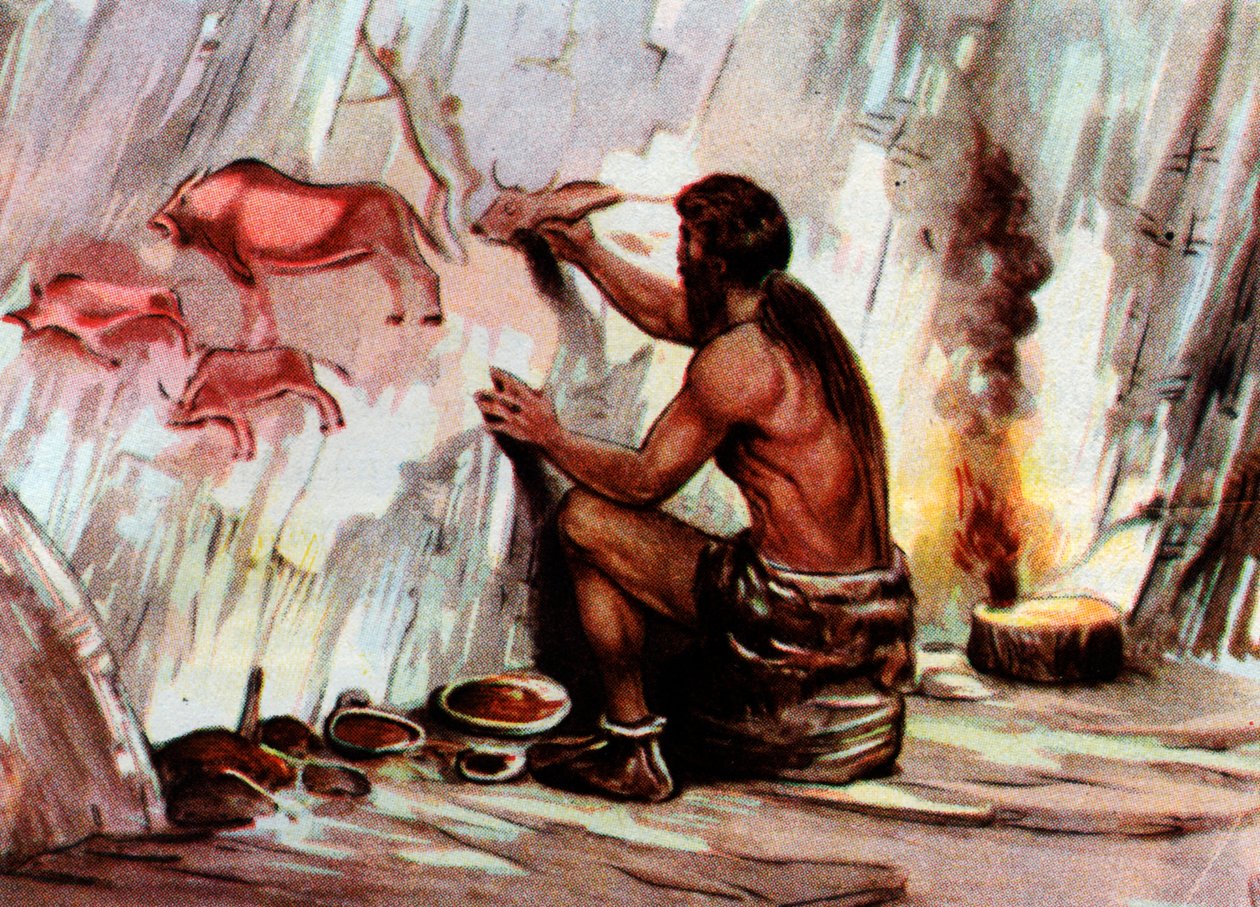Uma pintura de Homo Sapiens numa gruta, de "Vita Meravigliosa" (gravura) de Artist Unknown