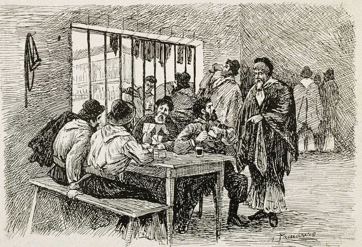 Argentina (século XX). "Pulperia", uma taberna e loja de bebidas. Ilustração de T. Tamarera. Gravura de Artist Unknown