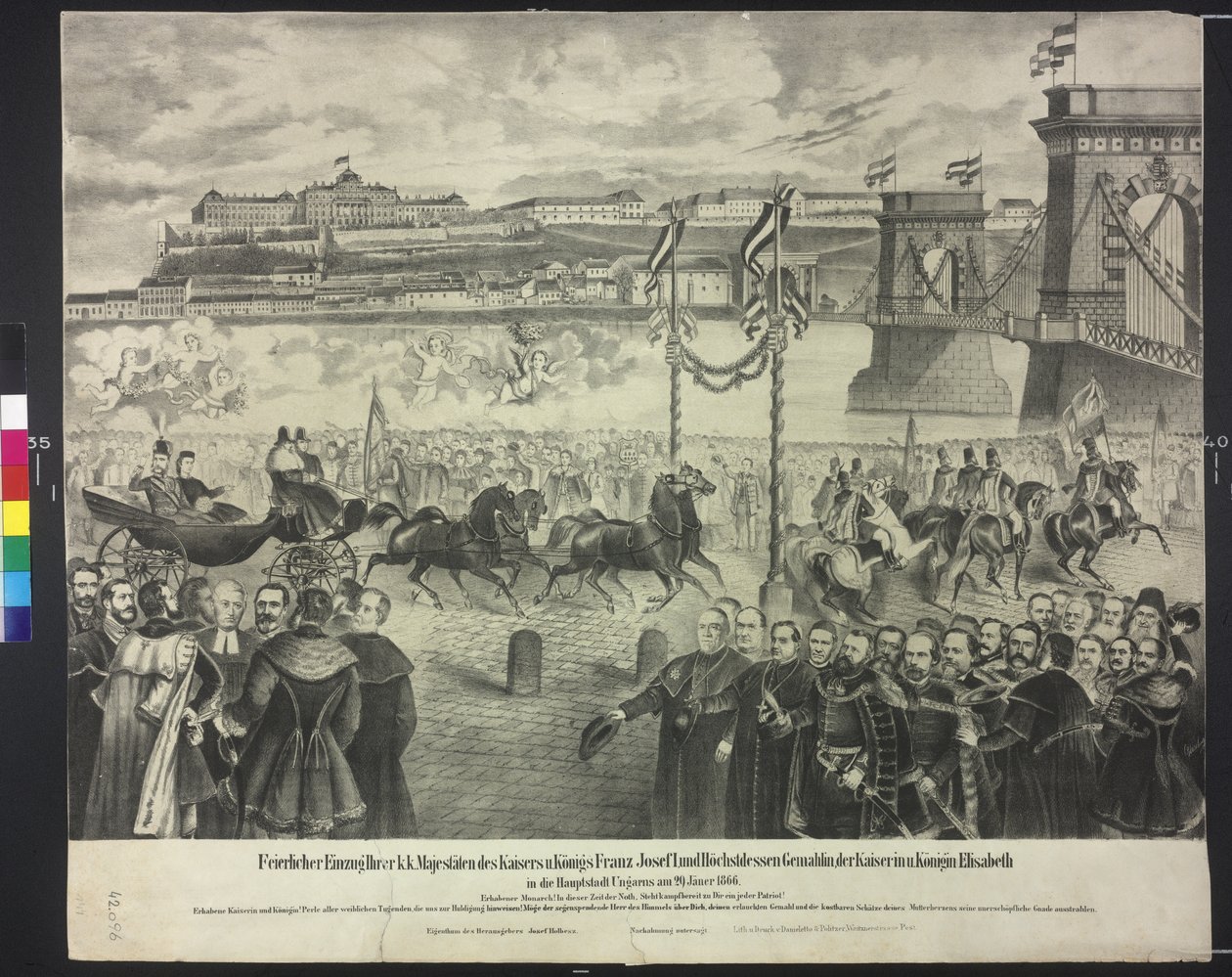 Chegada do casal imperial ao armazém da corte em Budapeste a 29. janeiro de 1866 de Artist Unknown