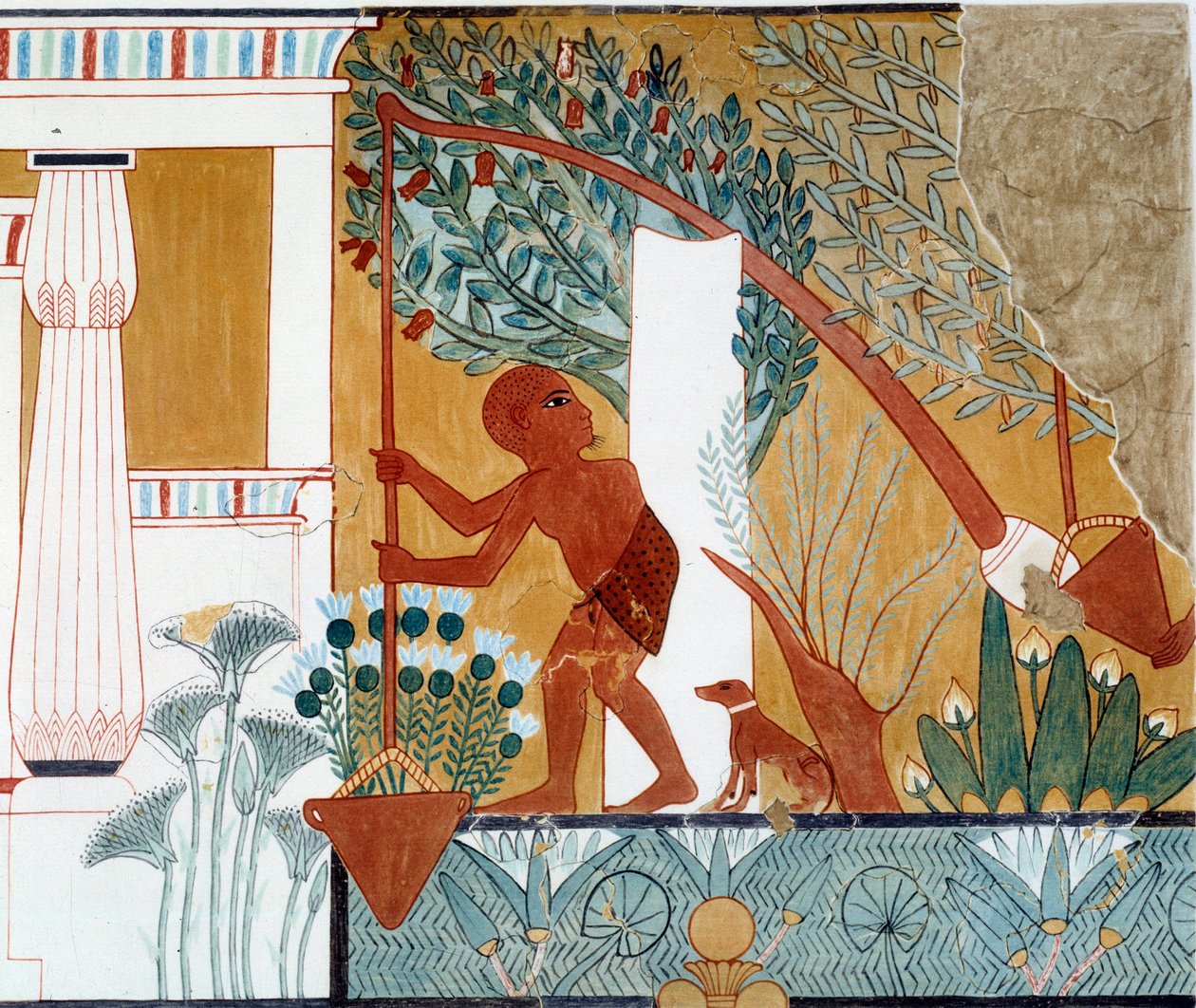 Arte Egípcia: um shadouf no poço. Fac simile reproduzido do túmulo de d