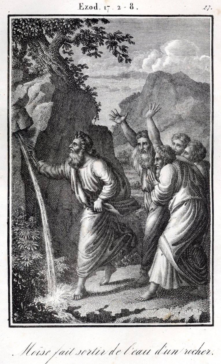 Bíblia - Moisés bate na rocha e sai água dela Êxodo (gravura) de Artist Unknown