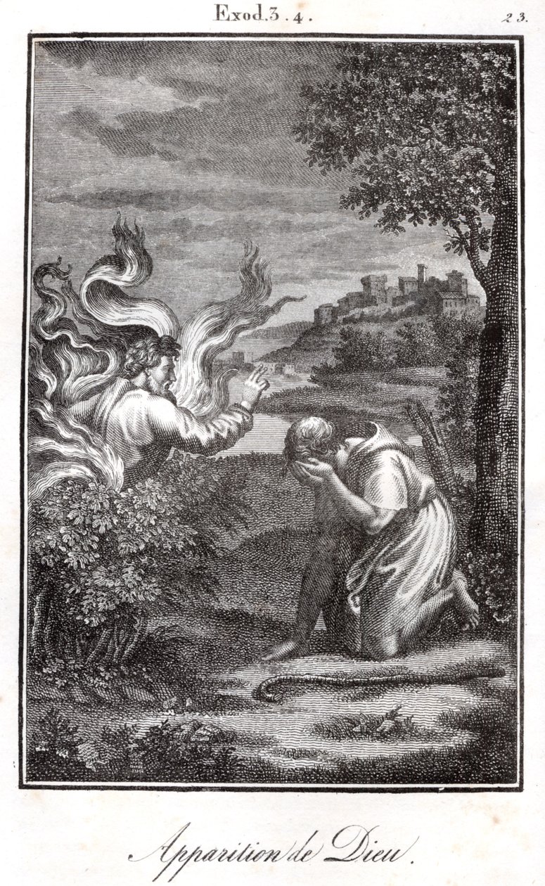 Bíblia - Moisés e a sarça ardente Deus aparece a Moisés a partir de uma sarça ardente. de Artist Unknown