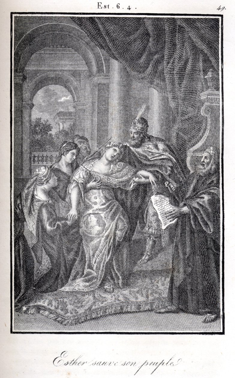 Bíblia, Ester salva o seu povo dizendo a Ahaseuerus que Hamã planeava matá-la (gravura) de Artist Unknown