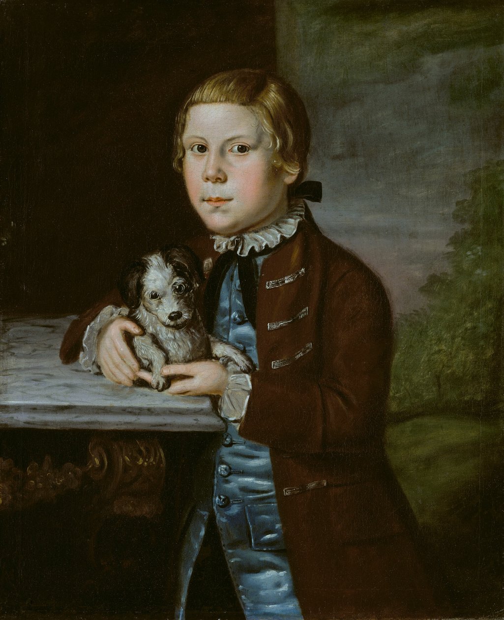 Rapaz da família Hallett com cão de Artist Unknown