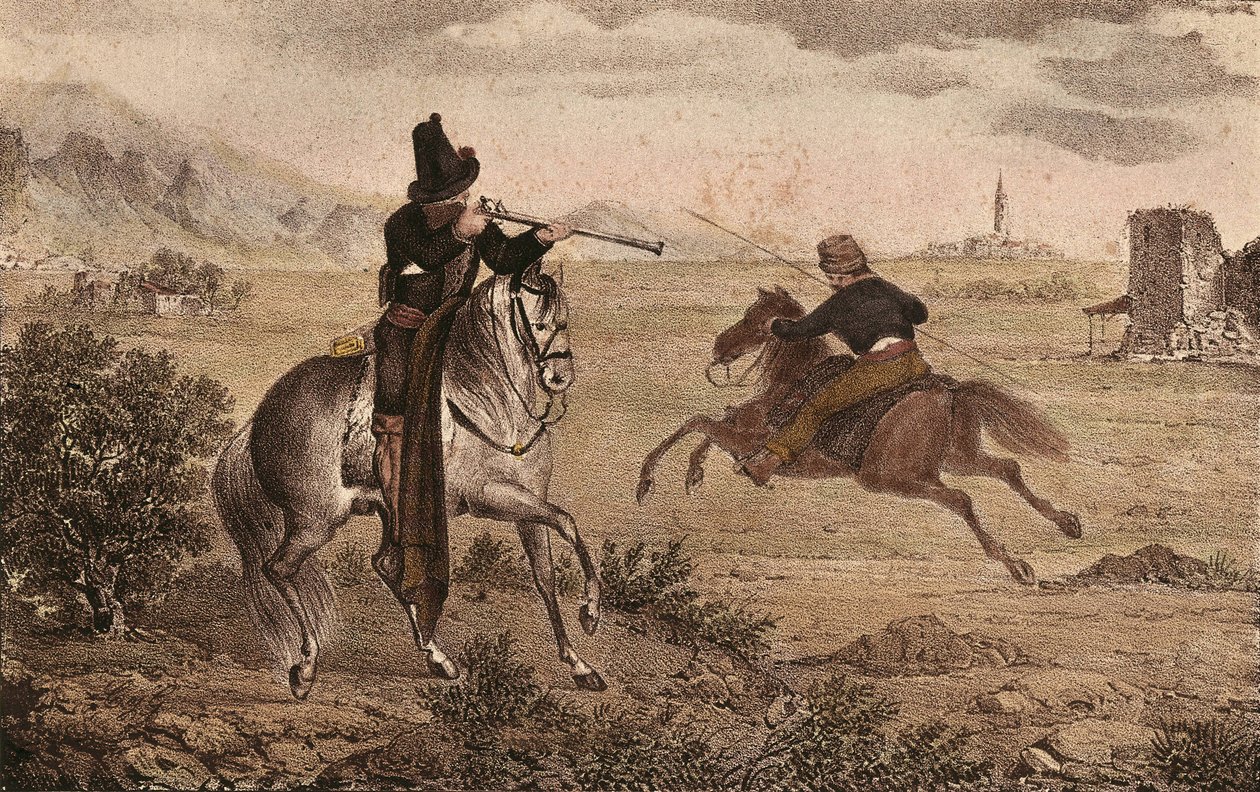 CABRERA Y GRINO, Ramon (1806-1877). Militar carlista espanhol. Espanha. Guerras carlistas. Cavalaria do Cid. Imagem do "Album de tropas carlistas de Aragon". Litografia. Coleção particular de Artist Unknown