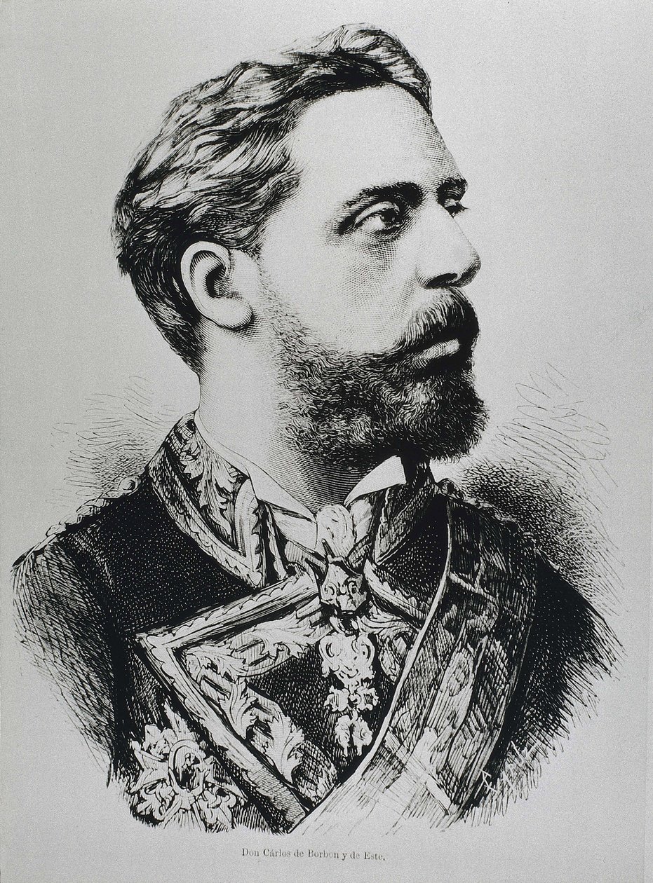 CARLOS VII, Carlos Maria de los Dolores de Borbon y Austria-Este (1848-1909). Pretendente carlista ao trono de Espanha como Carlos VII. Espanha. Carlismo. Carlos VII, pretendente carlista ao trono. Publicado em "La ilustracion Espanola y Americana". Gravur de Artist Unknown