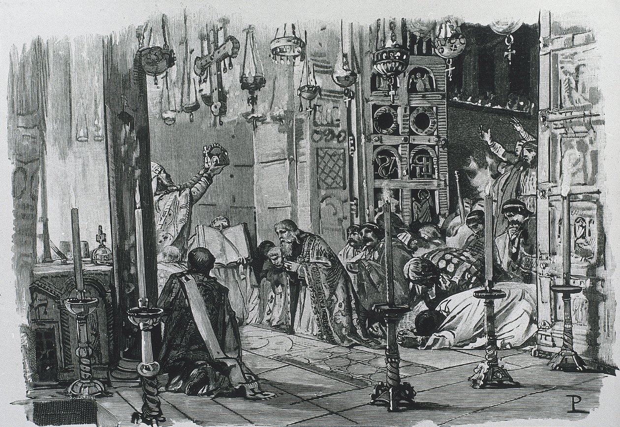 CHARLEMAGNE ou CHARLES I (742-814). Rei dos Francos e dos Lombardos (768-814) e Sacro Imperador Romano-Germânico (800-814). Coroação de Carlos Magno como Sacro Imperador Romano-Germânico (800). Gravura. de Artist Unknown