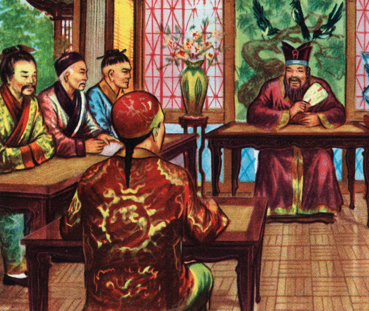Confúcio, ou Kong Fu Zi, com os seus alunos (gravura) de Artist Unknown
