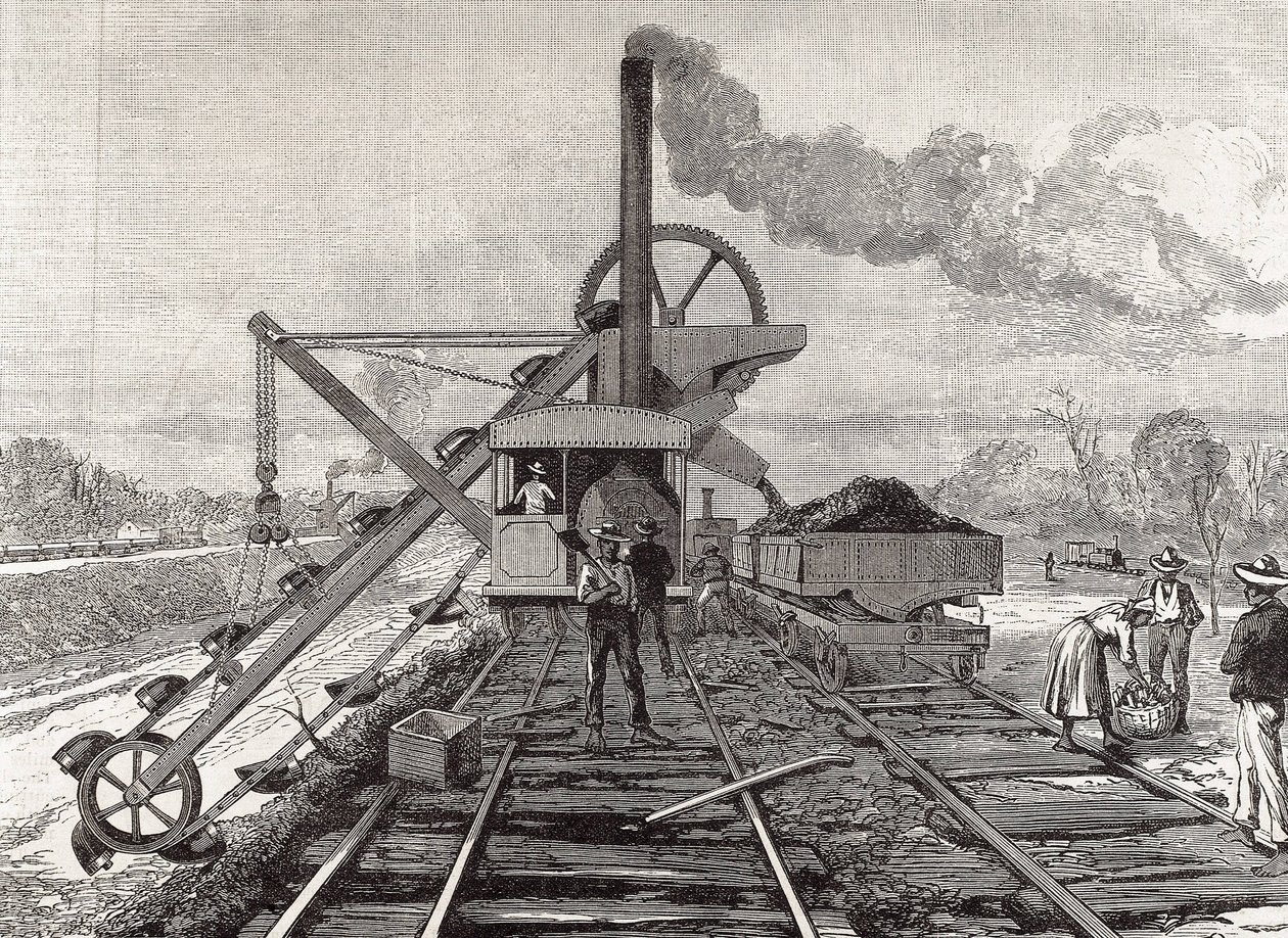 Construção do Canal do Panamá. Trabalhos de dragagem na aldeia de Culebra. Desenho original de Meltor Prior. Imagem publicada no "The Illustrated London News". Gravura. de Artist Unknown