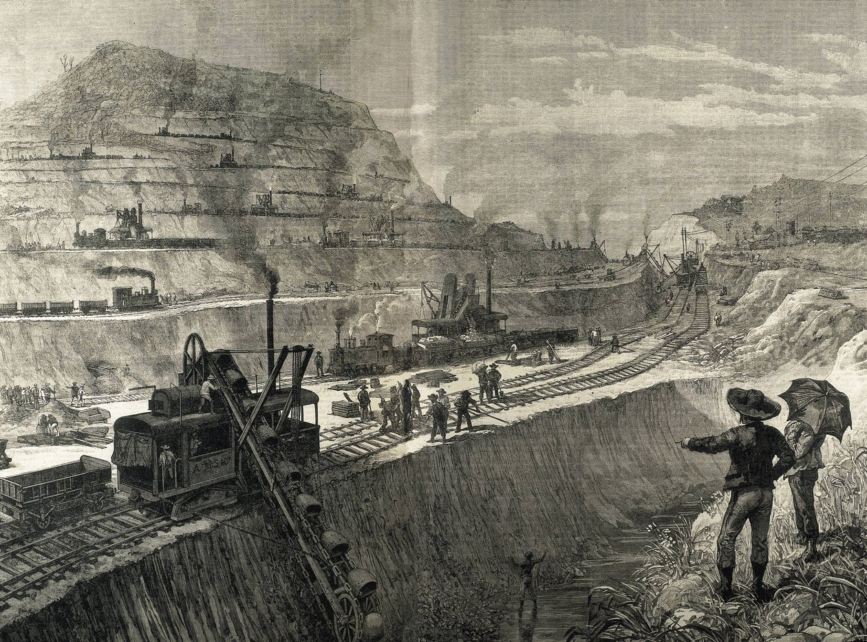 Construção do Canal do Panamá. Trabalhos de dragagem na aldeia de Culebra. Desenho original de Meltor Prior. Imagem publicada no "The Illustrated London News". Gravura. de Artist Unknown