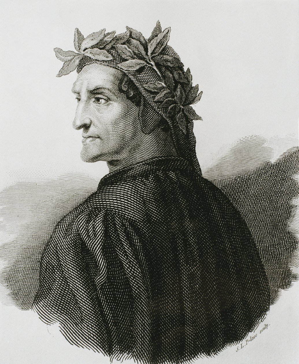DANTE ALIGHIERI (1265-1321). Poeta italiano; Rafael (1483-1520). Reprodução de um fresco de Rafael. Gravura. de Artist Unknown