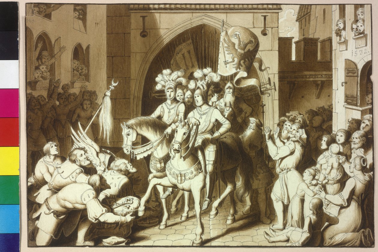O imperador Carlos V. e os seus irmãos Fernando I tornam-se presentes na sua ocupação em Viena do capacete do paxá da fatalidade Michael Oglu de Artist Unknown