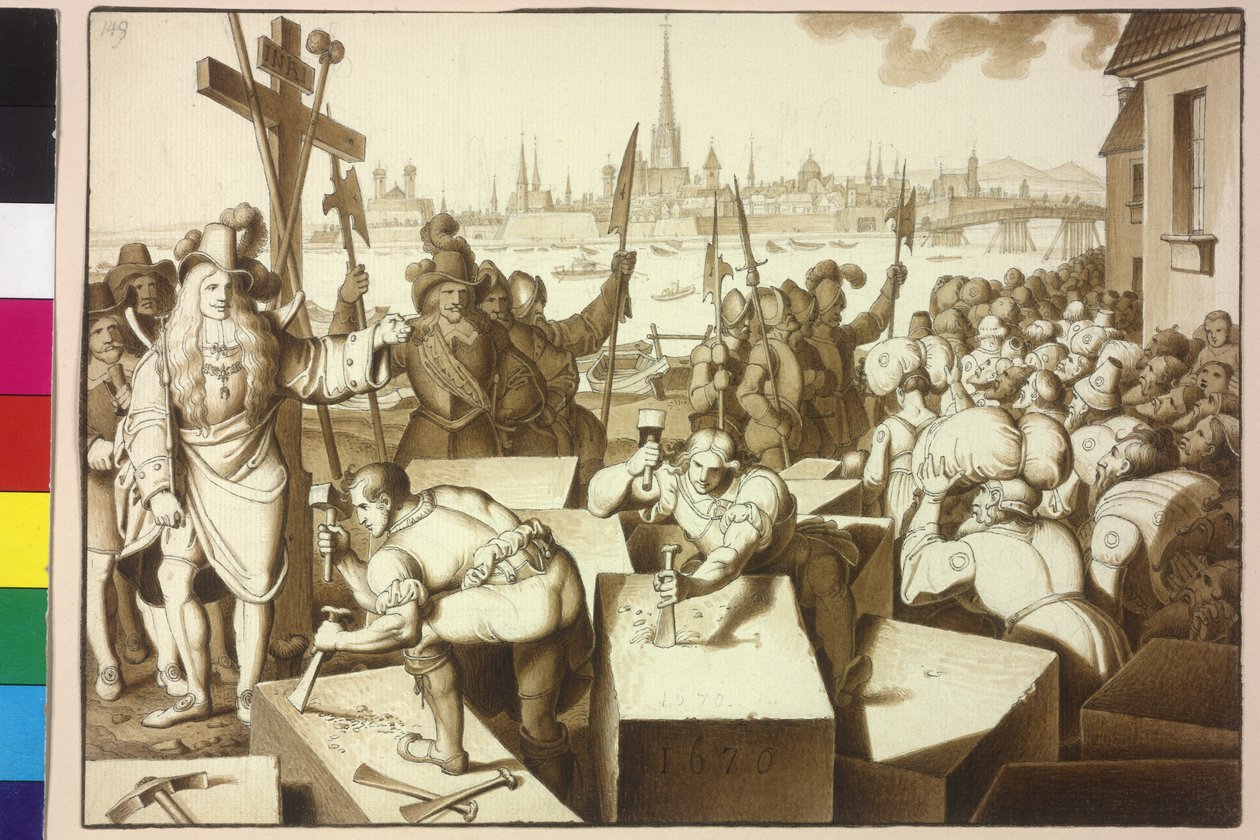 O imperador Leopoldo I baniu os judeus e deixou construir casas de Deus na Leopoldstadt de Artist Unknown