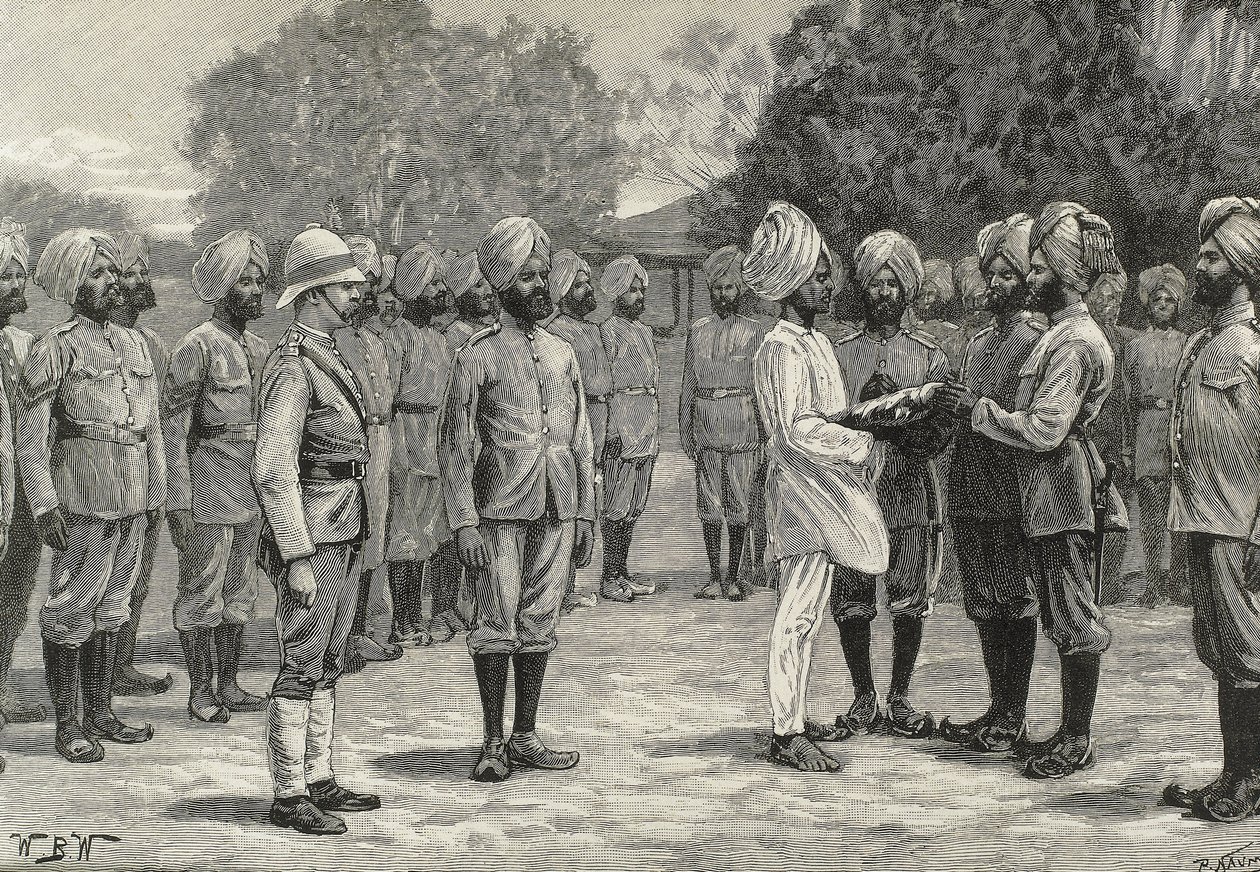Inglaterra (século XIX). Colonização. Índia. Os novos regimentos de Burmah. Juramento dos novos recrutas. Gravura. Coleção particular de Artist Unknown