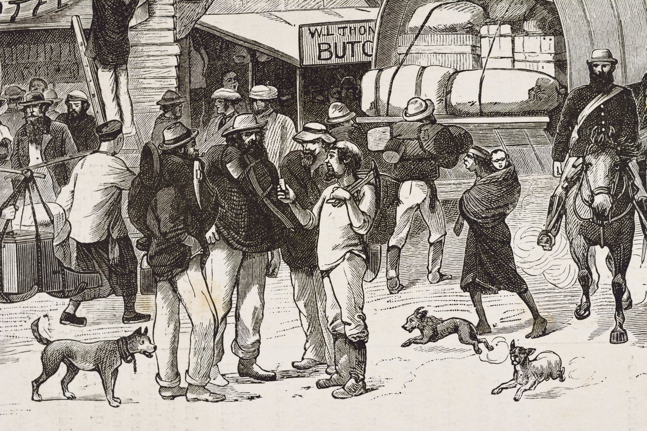 Inglaterra (C19th). Colonização (1880). A vida dos garimpeiros na Austrália. Colónia inglesa de Botany Bay (fundada em 1788) e inicialmente povoada sobretudo por criminosos que se tornaram garimpeiros e comerciantes. Gravura. Coleção particular de Artist Unknown