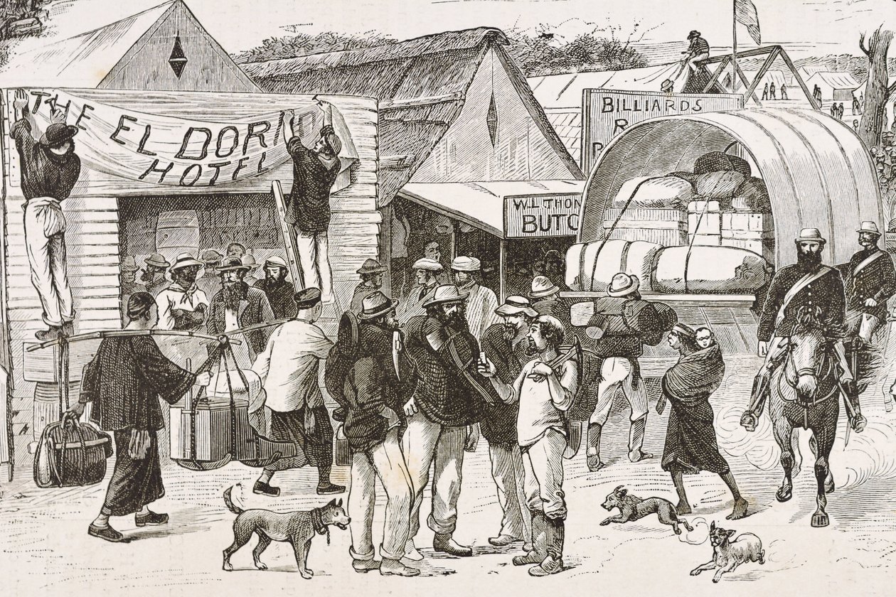Inglaterra (C19th). Colonização (1880). A vida dos garimpeiros na Austrália. Colónia inglesa de Botany Bay (fundada em 1788) e inicialmente povoada sobretudo por criminosos que se tornaram garimpeiros e comerciantes. Gravura. Coleção particular de Artist Unknown