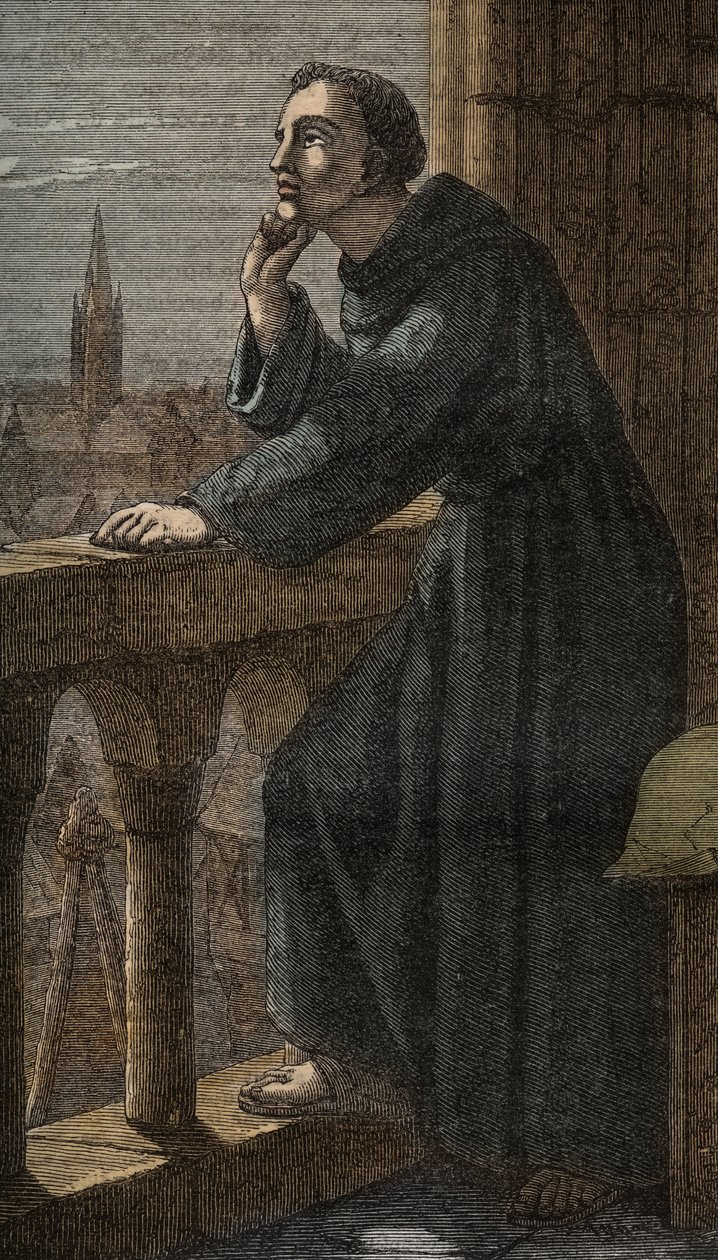 O filósofo inglês Roger Bacon em Oxford - Roger Bacon a oxford - monge franciscano, teólogo, filósofo e académico inglês (Ilchester, Somerset, c. 1214 em Oxford de Artist Unknown