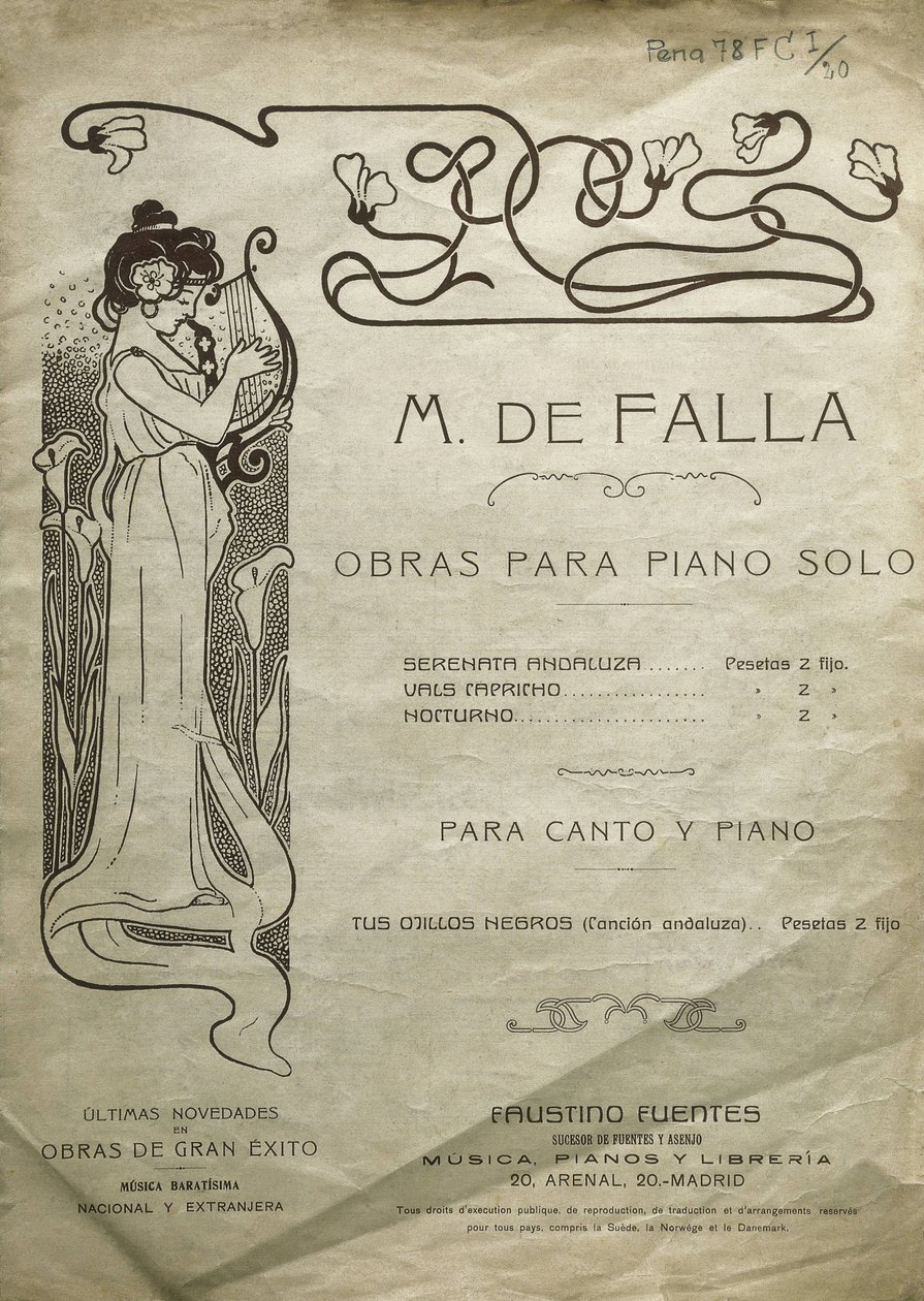 FALLA, Manuel de (1876-1946). Compositor e pianista espanhol. Obras para piano solo e para piano e voz. Editado em Madrid. de Artist Unknown