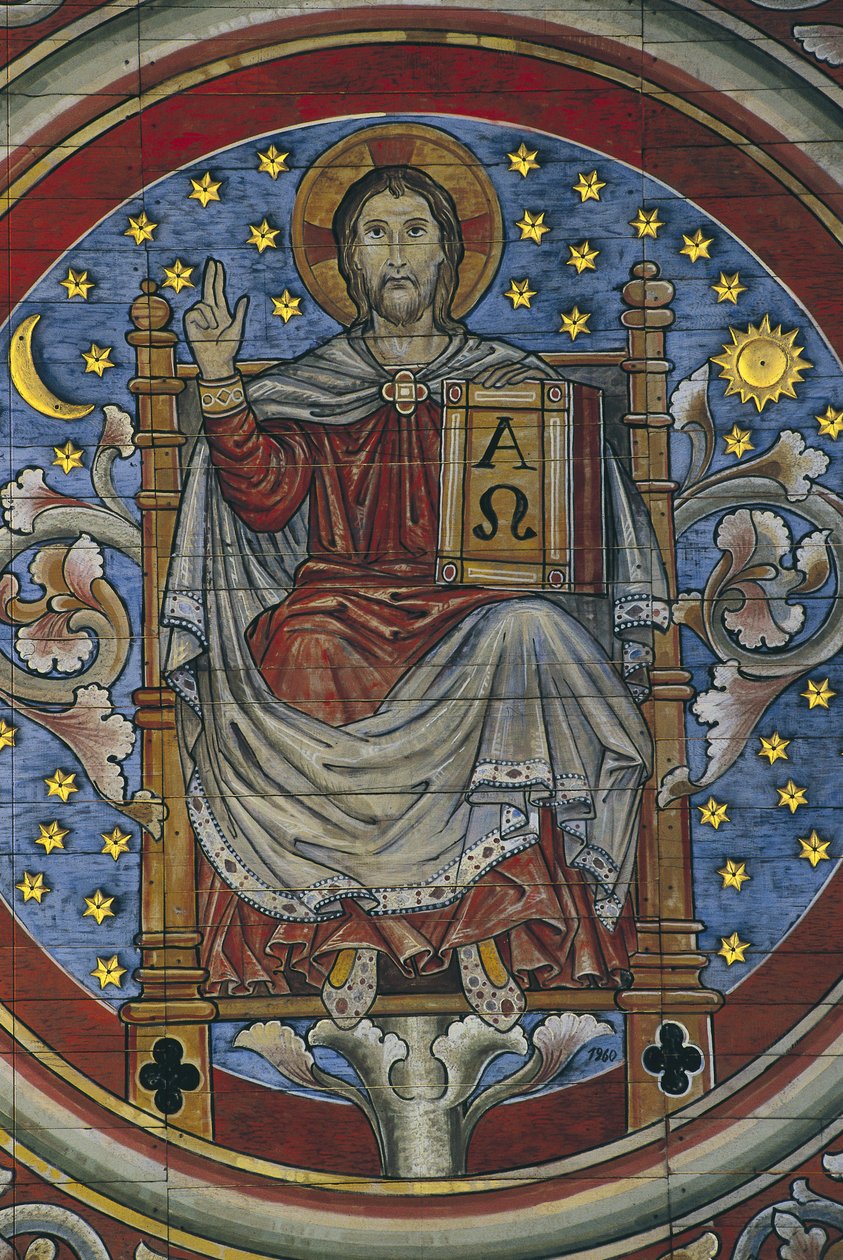 ALEMANHA. BAIXA SAXÓNIA. Hildesheim. Igreja de Sankt Michael. Cristo Entronizado, pormenor do teto de madeira (século XIII). Arte românica de Artist Unknown