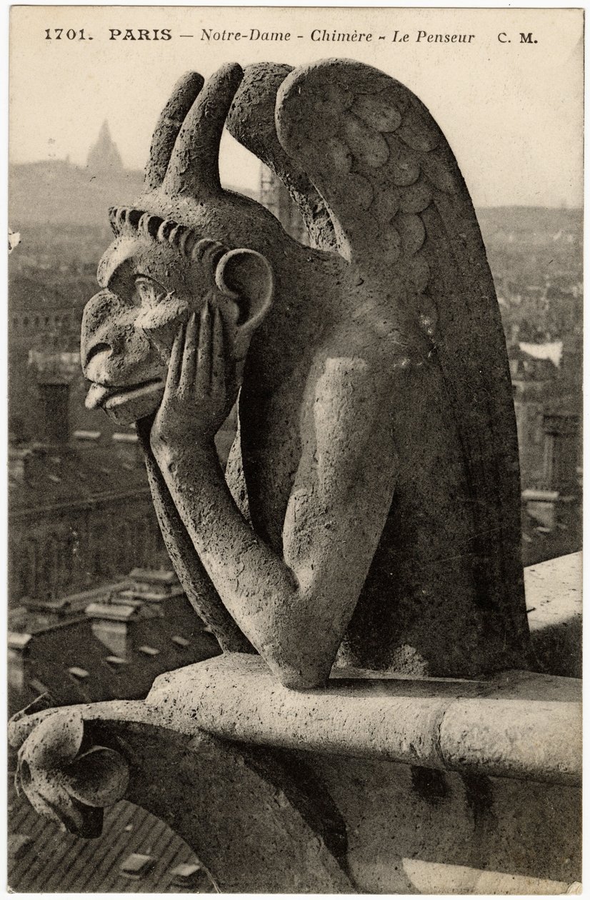 Gárgula ou chimere da catedral de Notre Dame de Paris, construída entre 1163 e o século XIV - Postal, coleção Selva de Artist Unknown